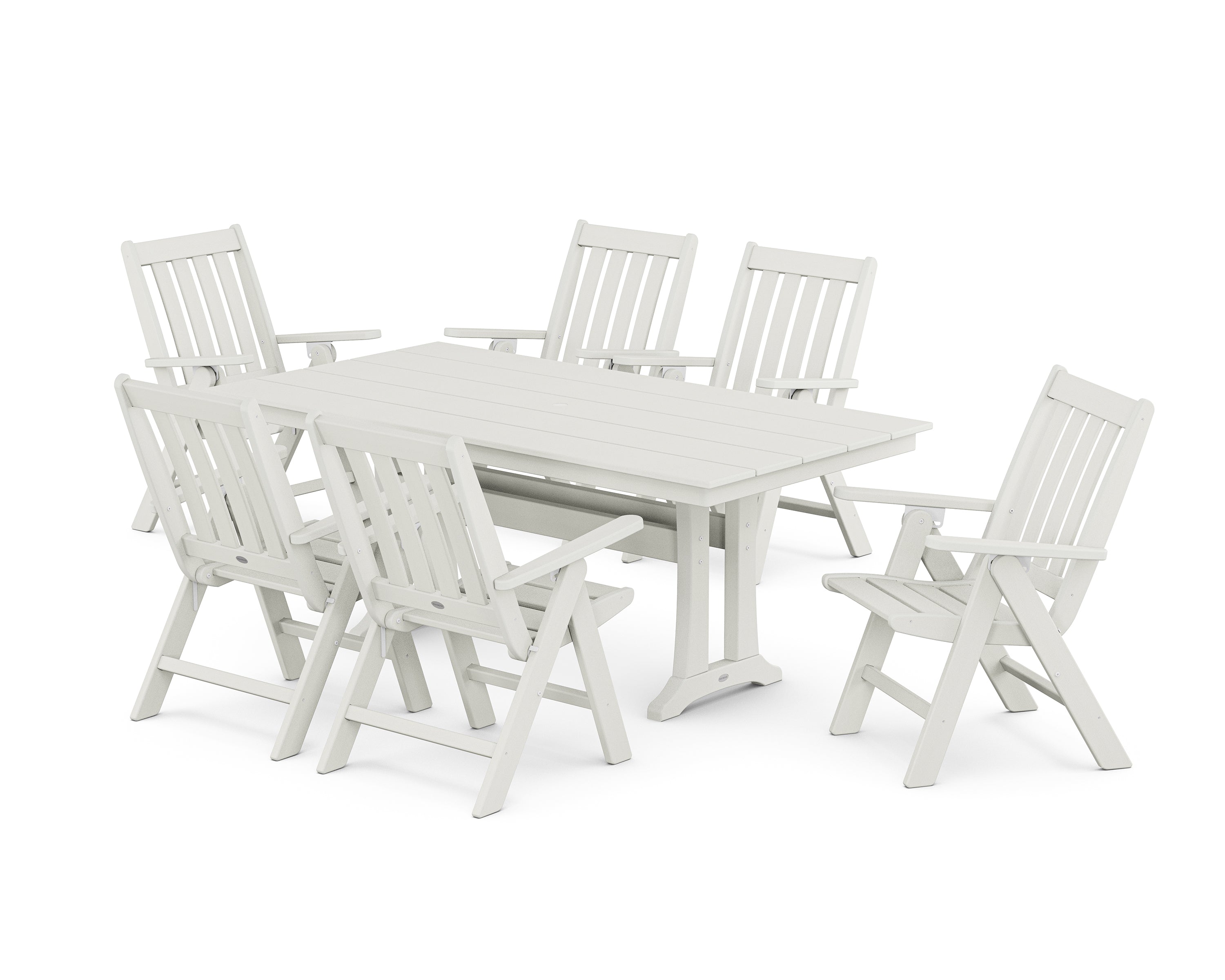 POLYWOOD Vineyard Folding Chair 7-Piece Farmhouse Dining Set with Trestle Legs in Vintage White