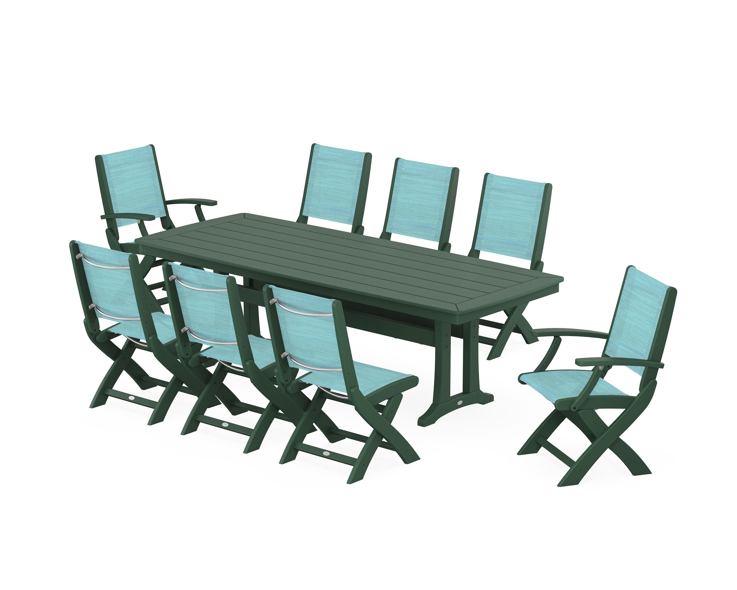 POLYWOOD Coastal Folding 9-Piece Dining Set with Trestle Legs in Green / Dupioni Aquamarine Sling