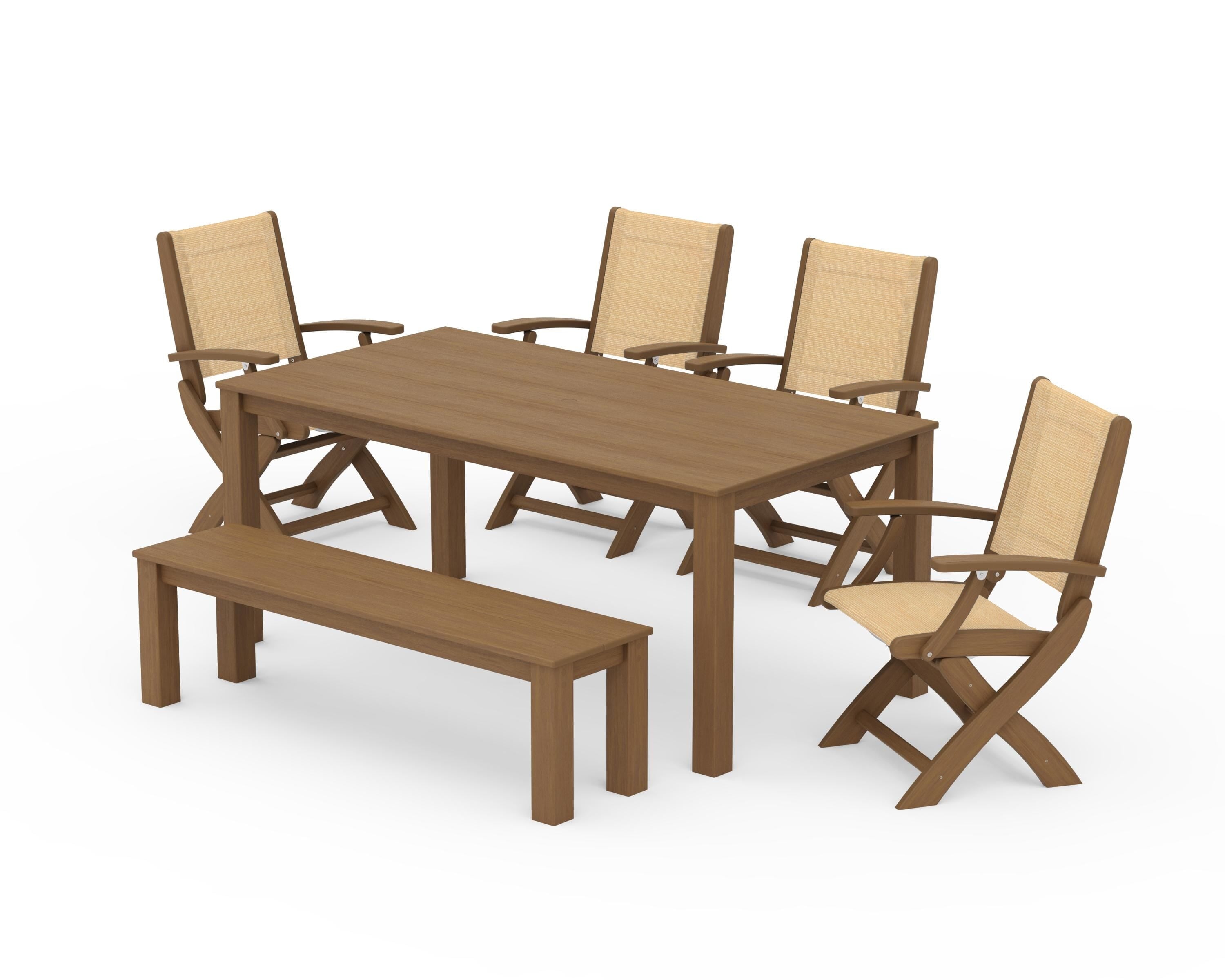 POLYWOOD Coastal Folding Chair 6-Piece Parsons Dining Set with Bench in Natural / Dupioni Apricot Sling