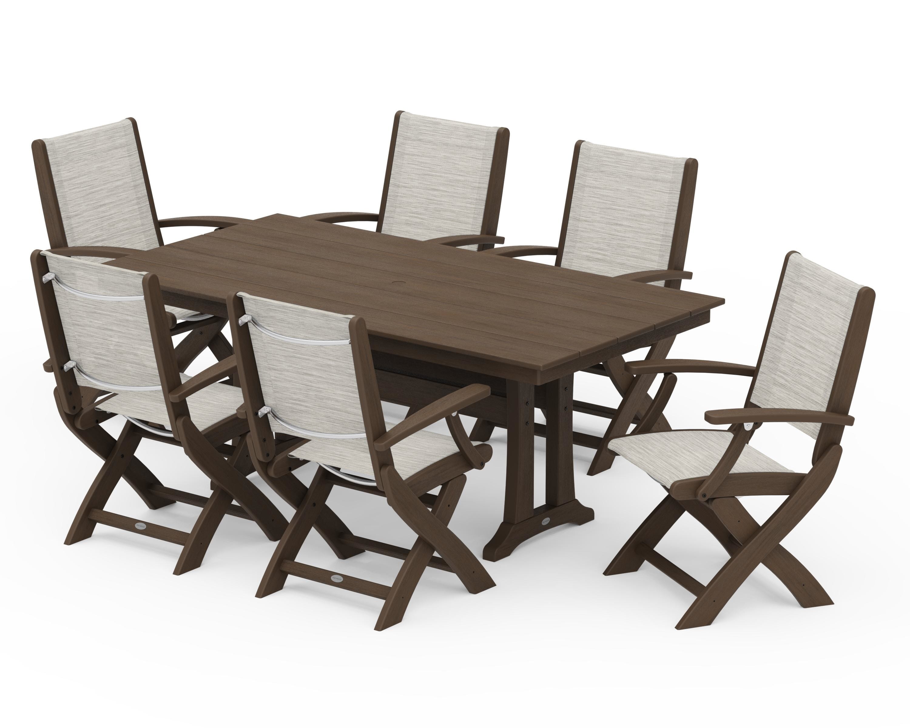 POLYWOOD Coastal Folding Arm Chair 7-Piece Farmhouse Dining Set with Trestle Legs in Kona / Birch Sling