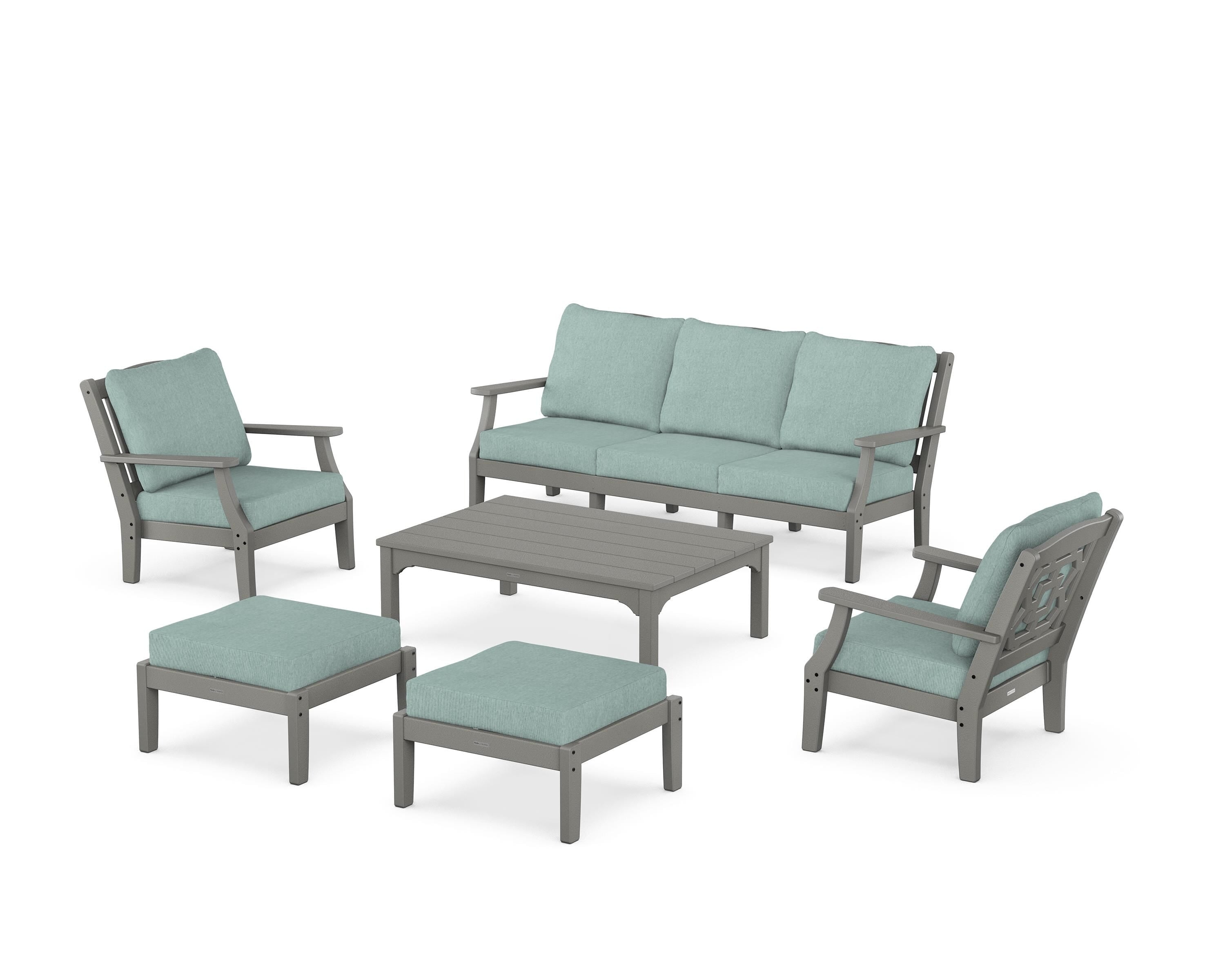 Martha Stewart by POLYWOOD Chinoiserie 6-Piece Lounge Sofa Set in Slate Grey / Glacier Spa