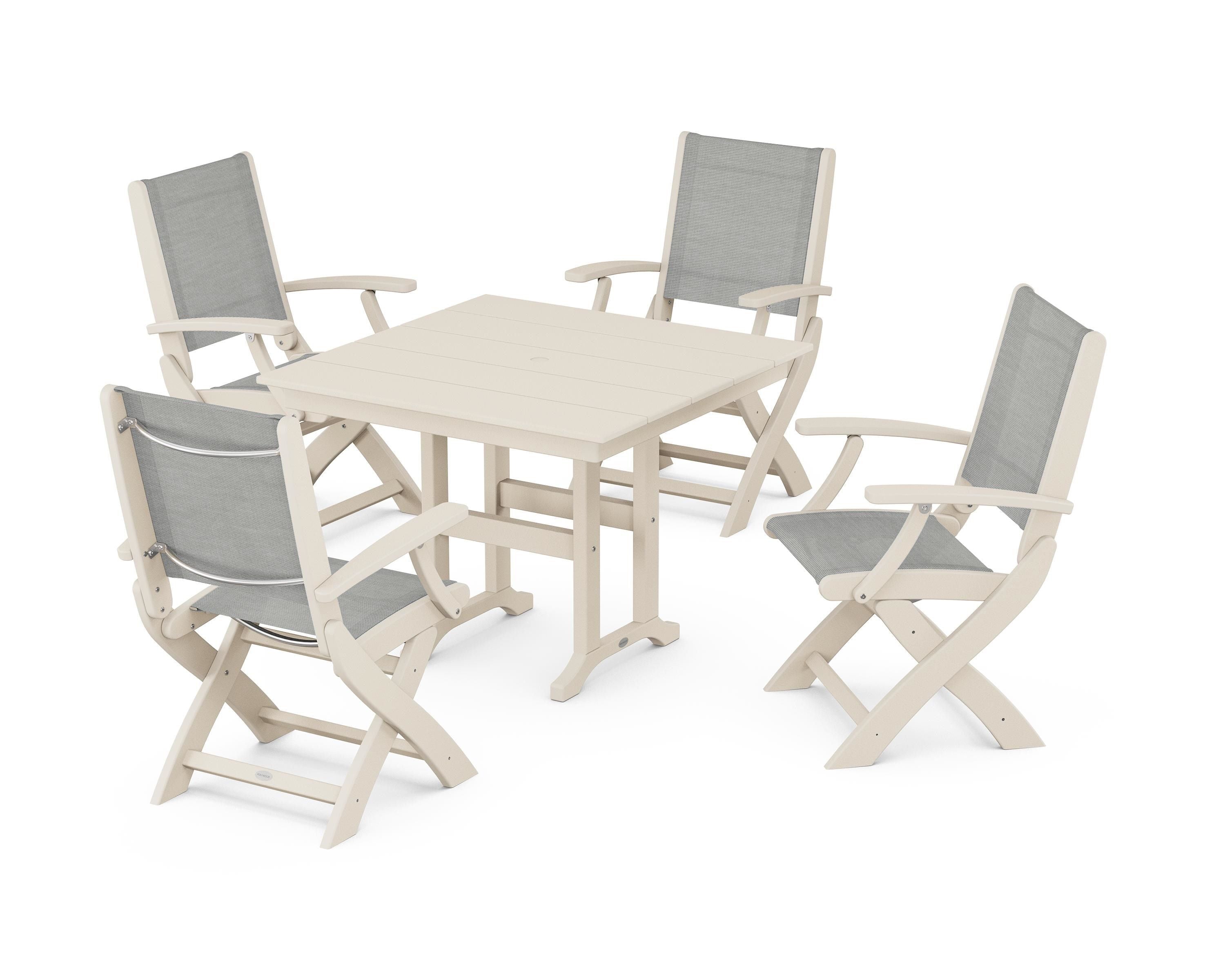 POLYWOOD Coastal Folding Chair 5-Piece Farmhouse Dining Set in Sand / Metallic Sling