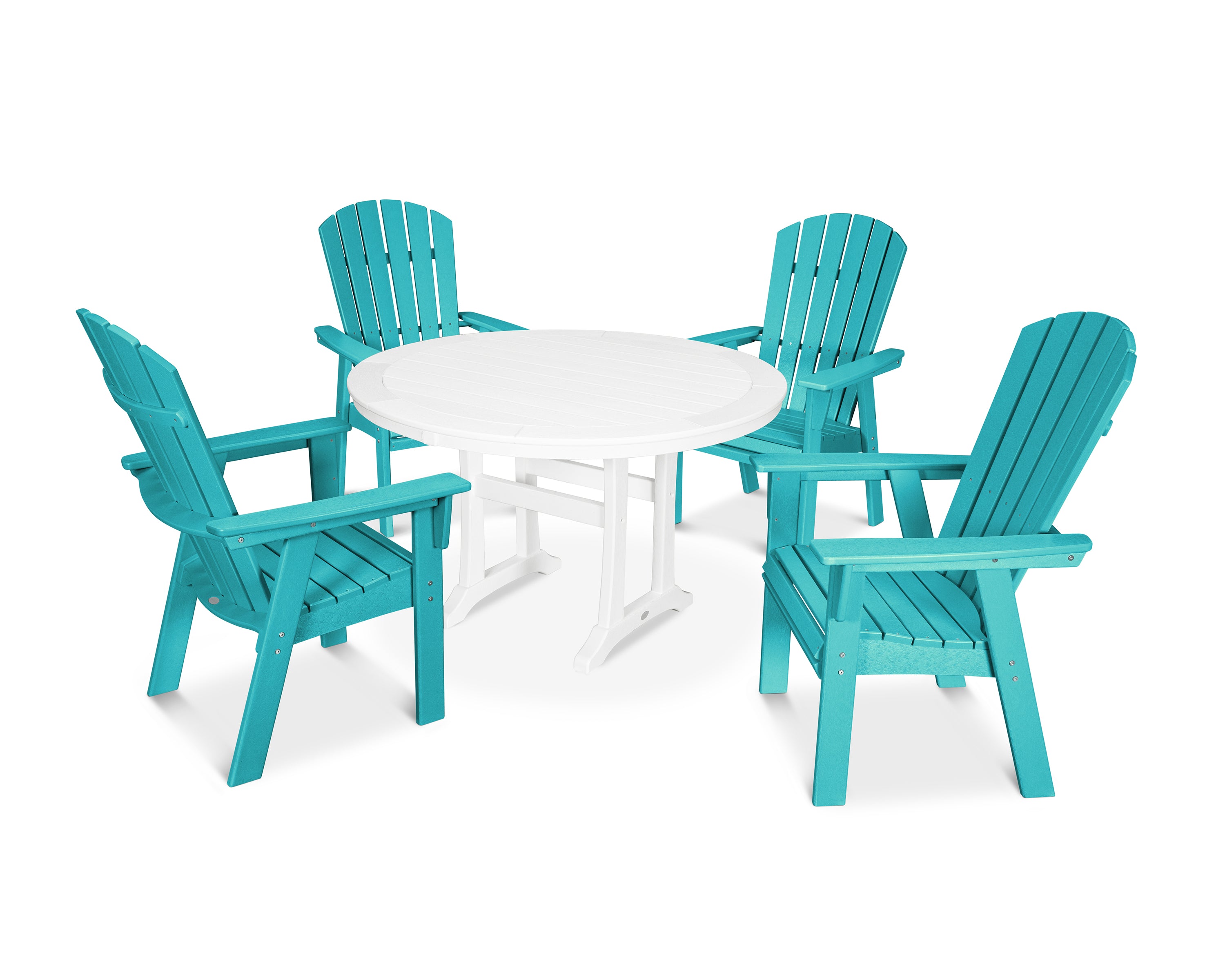 POLYWOOD® Nautical Curveback Adirondack 5-Piece Round Dining Set with Trestle Legs in Aruba / White