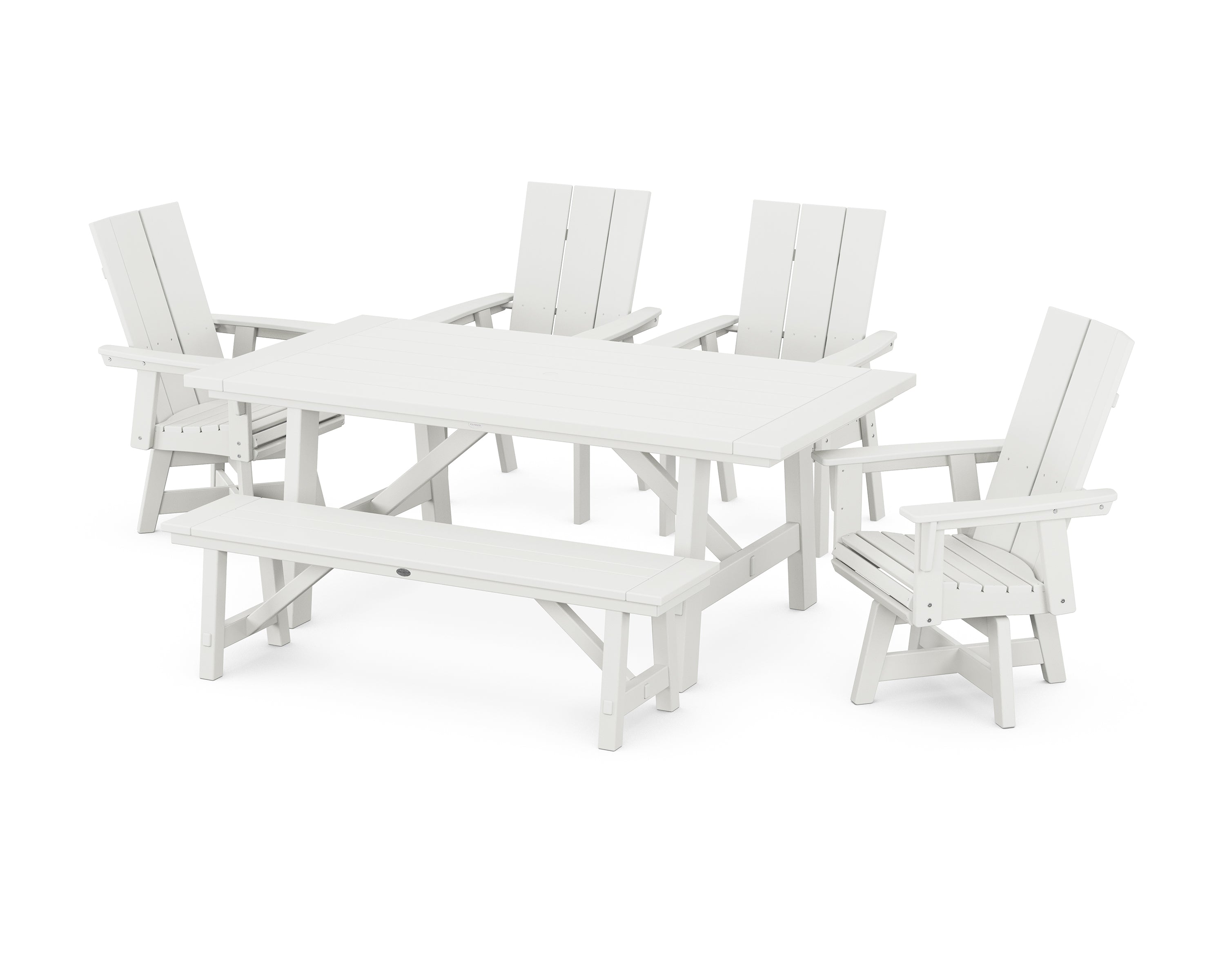 POLYWOOD® Modern Curveback Adirondack Swivel Chair 6-Piece Rustic Farmhouse Dining Set with Bench in Vintage White