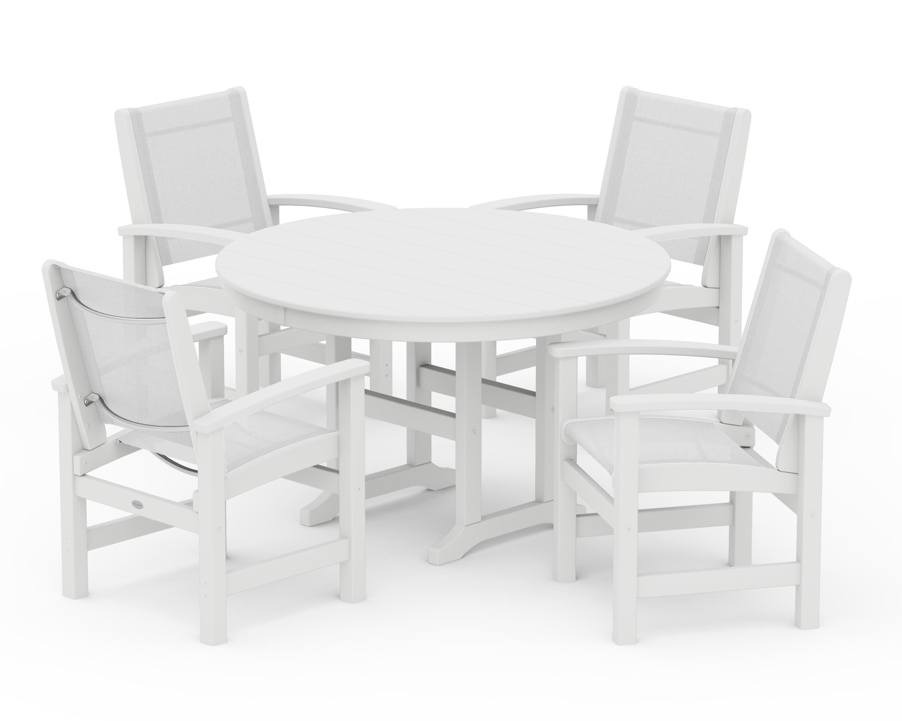 POLYWOOD Coastal 5-Piece Round Farmhouse Dining Set in White / White Sling