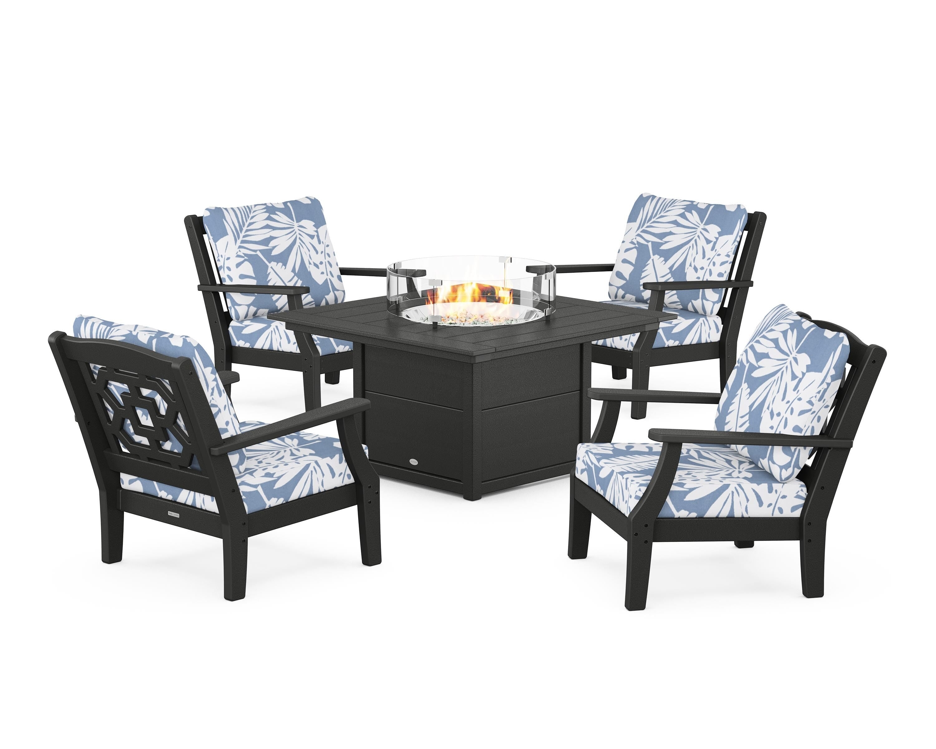 Martha Stewart by POLYWOOD Chinoiserie 5-Piece Deep Seating Set with Fire Pit Table in Black / Leaf Sky Blue