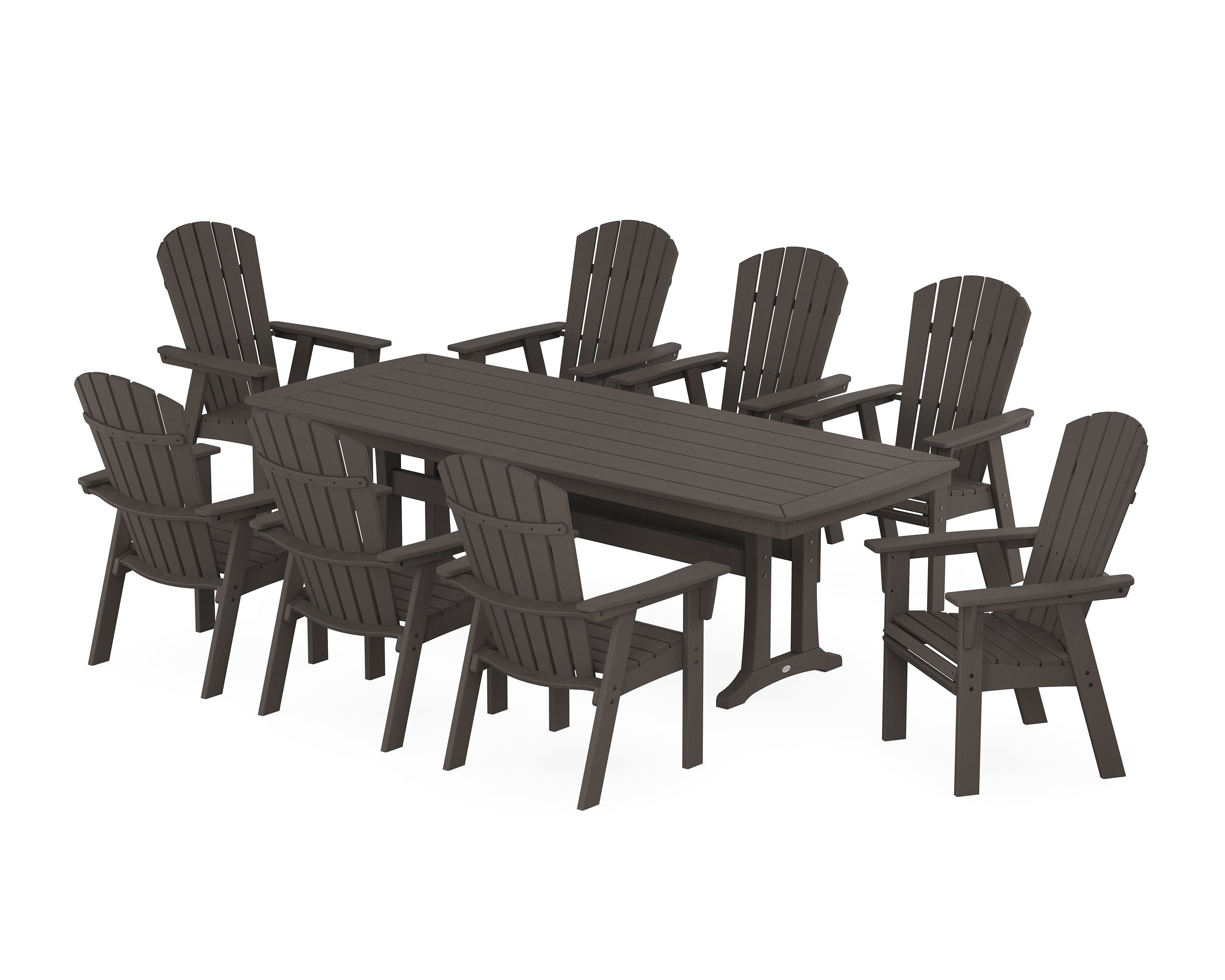 POLYWOOD® Nautical Curveback Adirondack 9-Piece Dining Set with Trestle Legs in Vintage Coffee