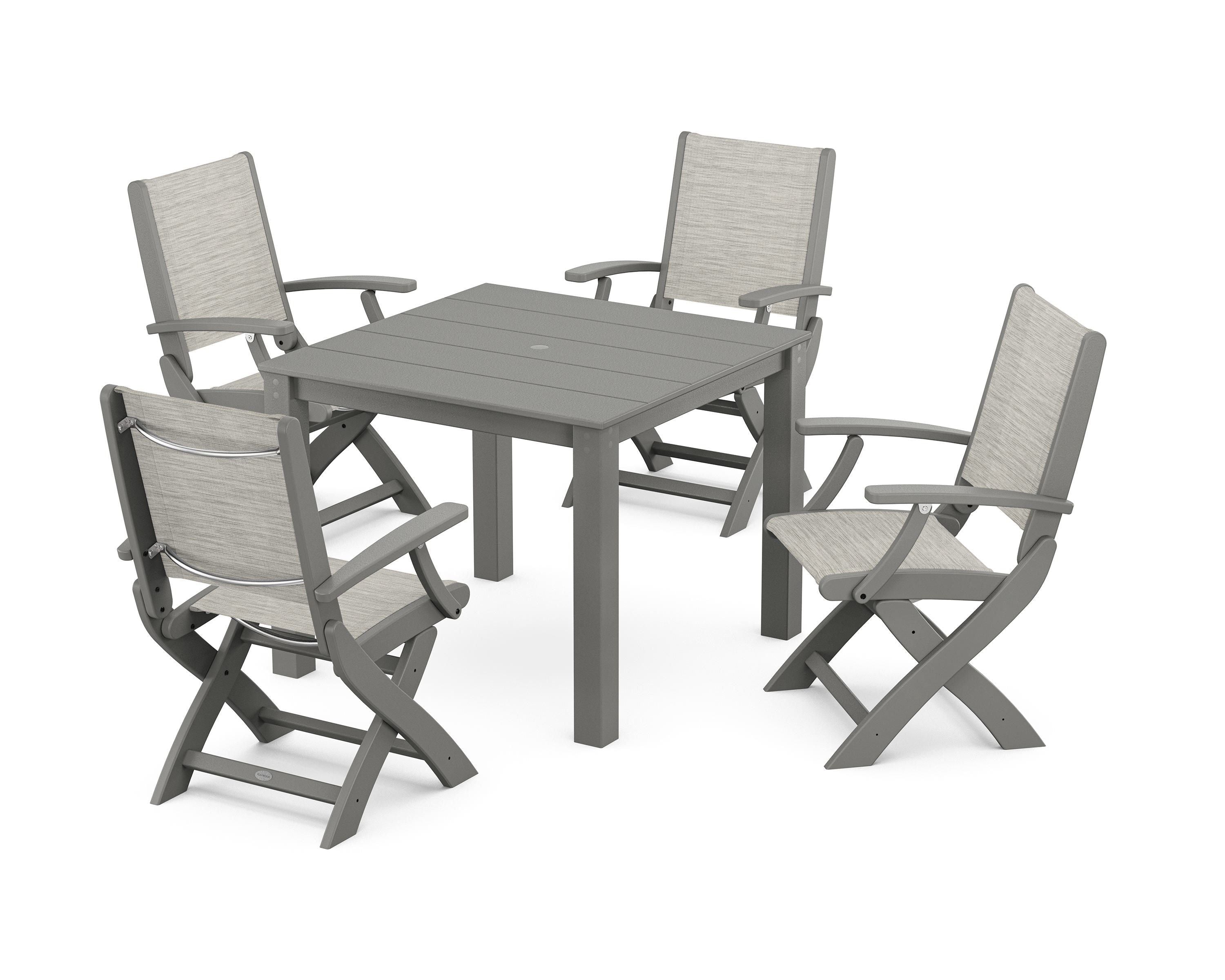 POLYWOOD Coastal Folding Chair 5-Piece Parsons Dining Set in Slate Grey / Birch Sling
