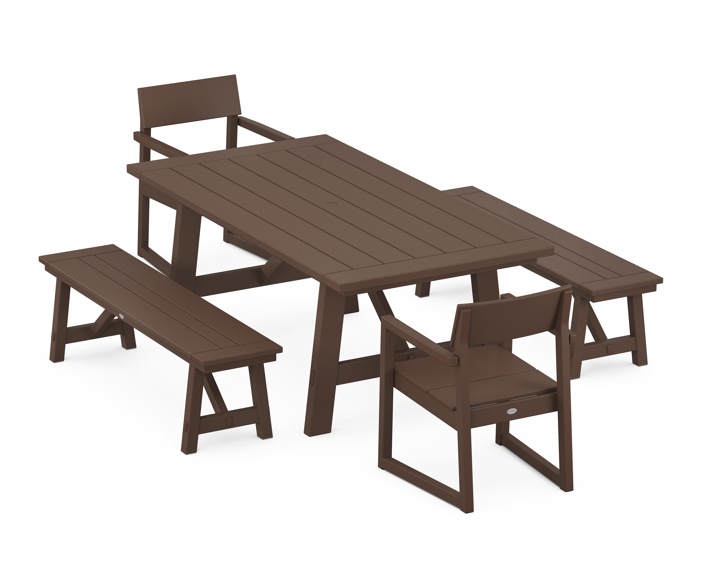 POLYWOOD® EDGE 5-Piece Rustic Farmhouse Dining Set With Benches in Mahogany