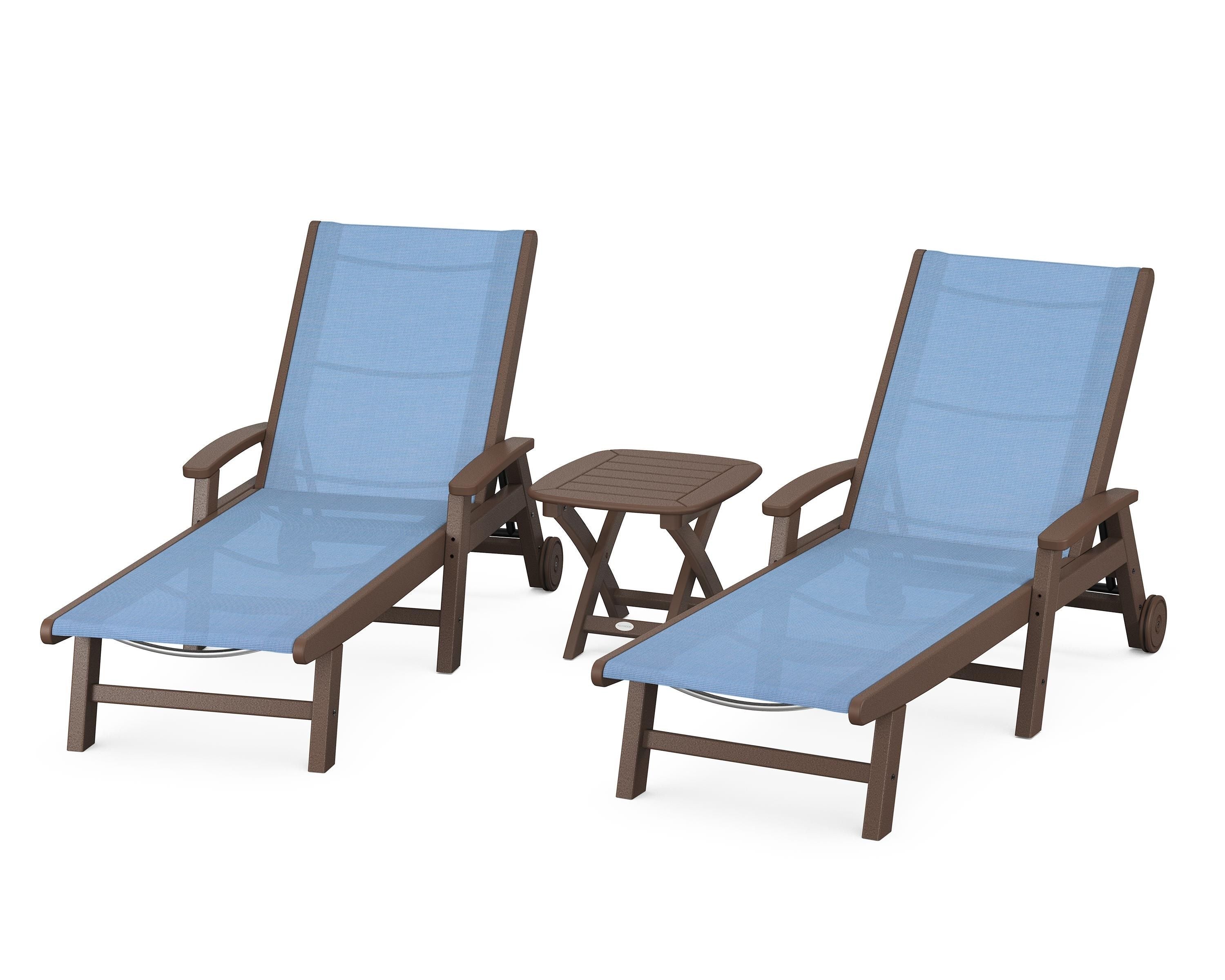 POLYWOOD Coastal 3-Piece Wheeled Chaise Set in Mahogany / Poolside Sling