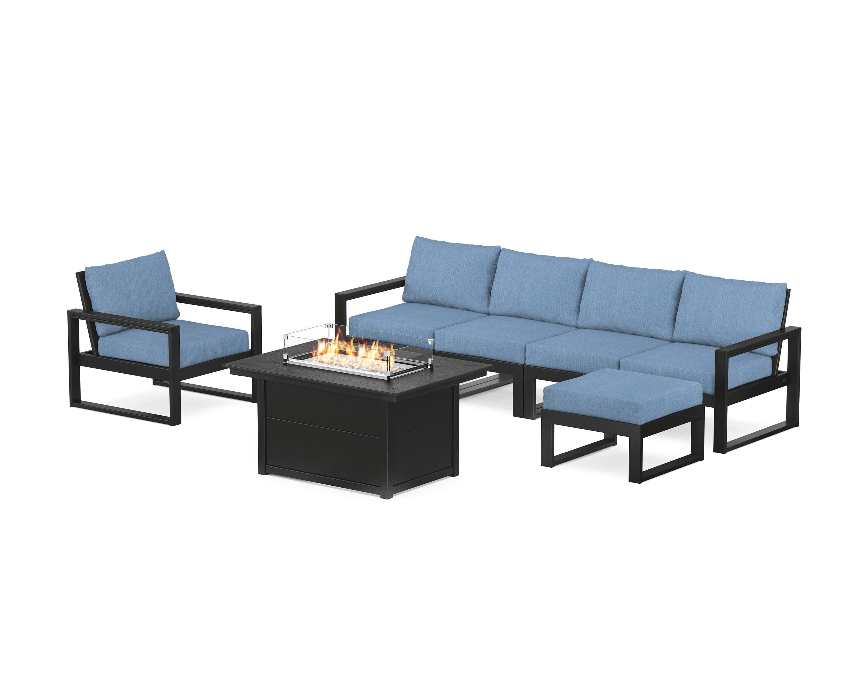 POLYWOOD EDGE Sectional Lounge and Fire Pit Set in Black / Sky Blue