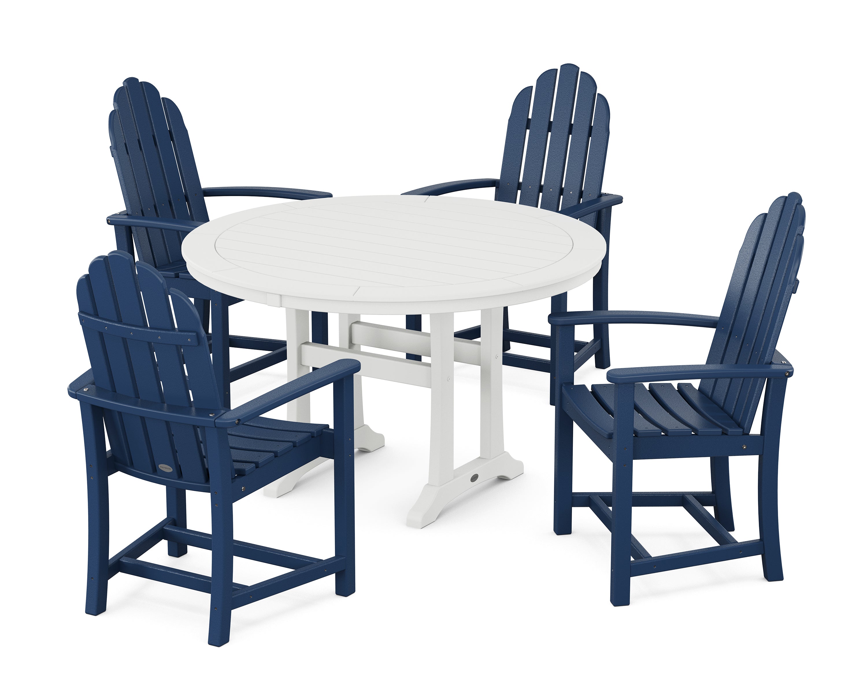 POLYWOOD® Classic Adirondack 5-Piece Round Dining Set with Trestle Legs in Navy / White