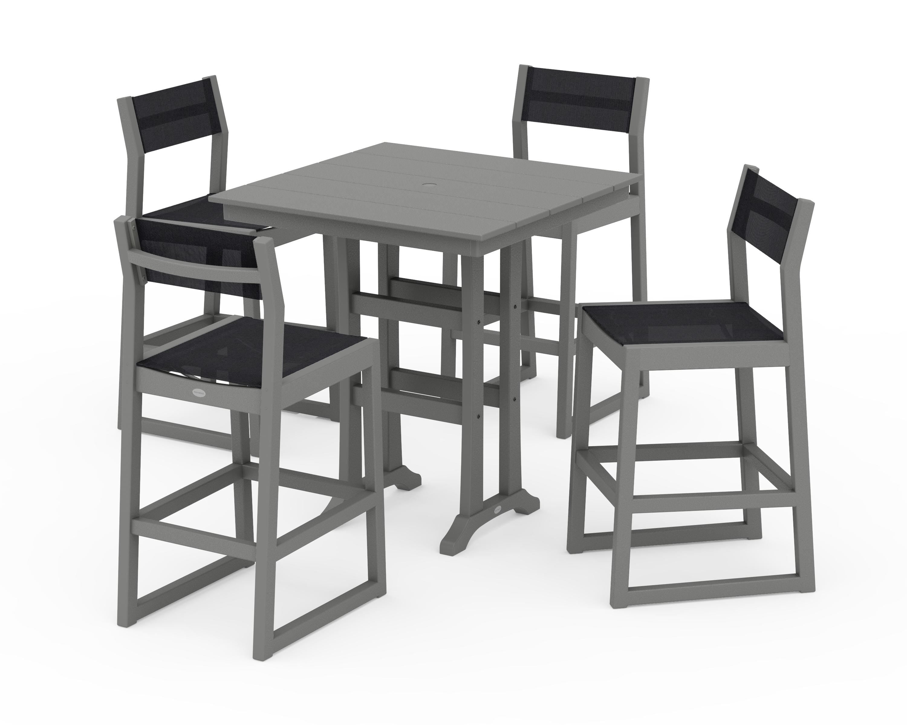 POLYWOOD EDGE Sling Arm Chair 5-Piece Farmhouse Bar Set with Trestle Legs in Slate Grey / Black Sling