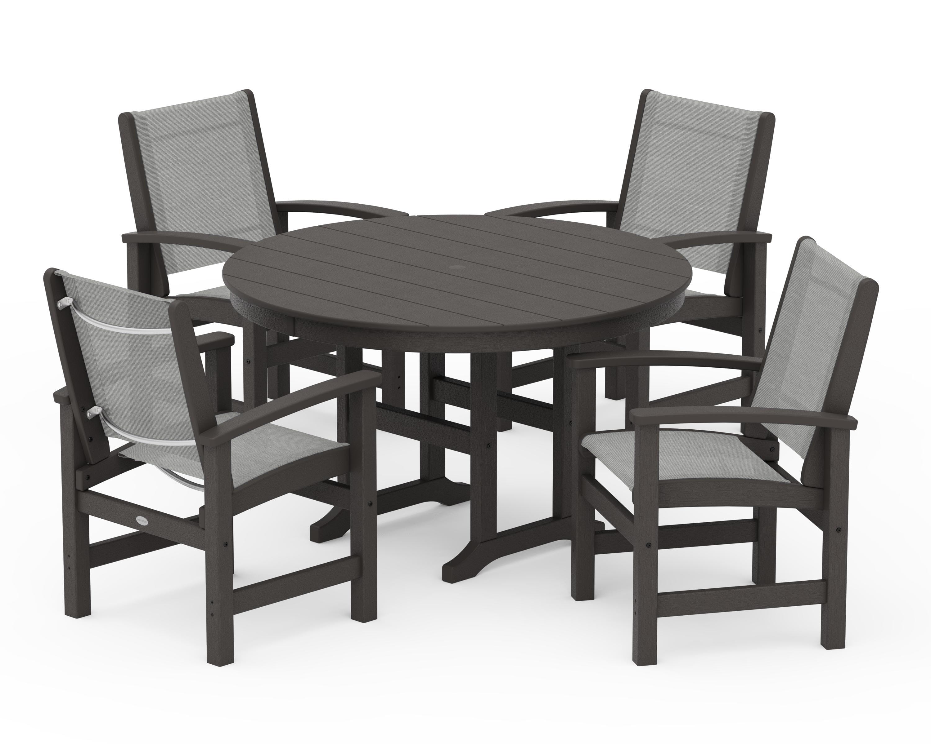 POLYWOOD Coastal 5-Piece Round Farmhouse Dining Set in Vintage Coffee / Metallic Sling