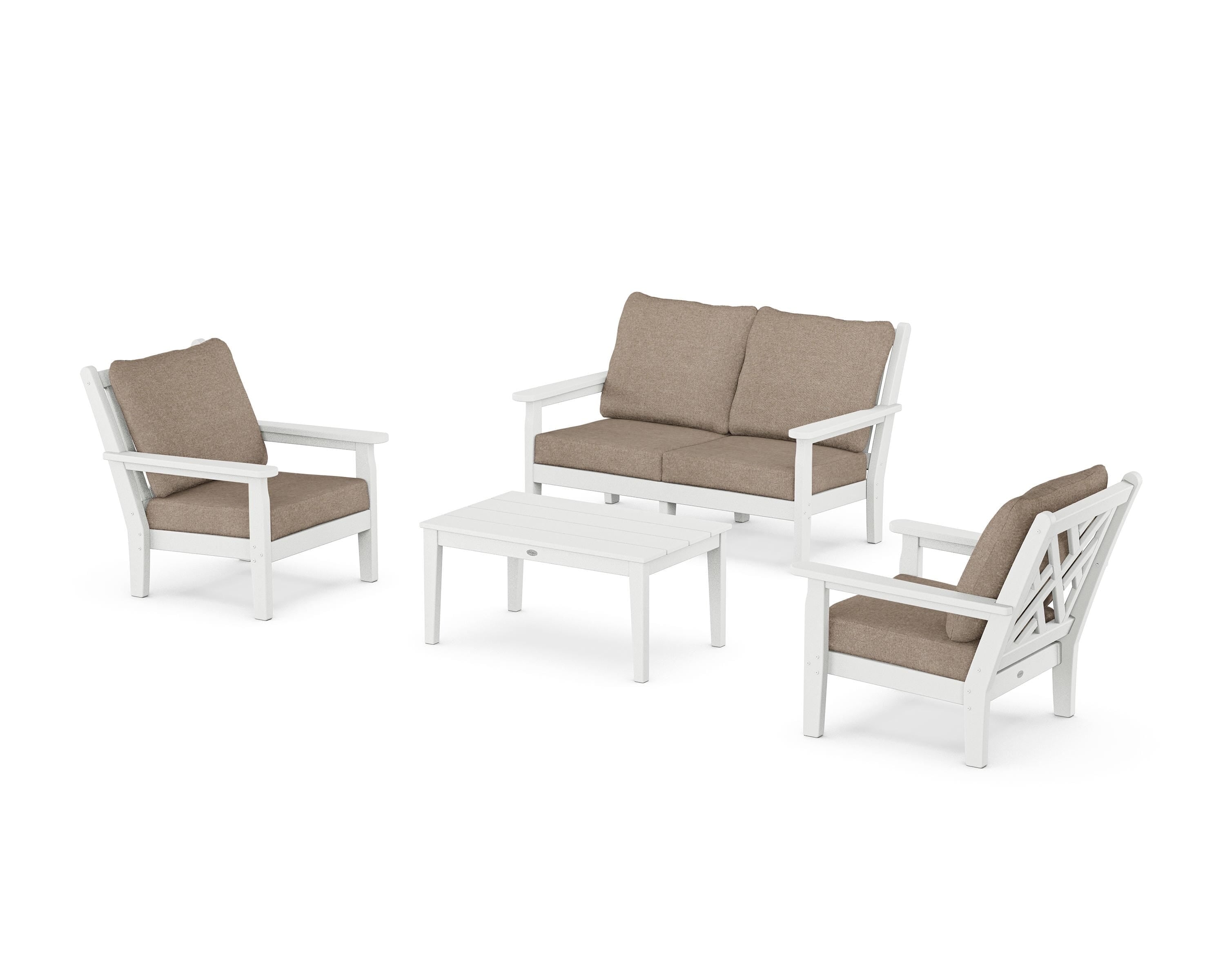 POLYWOOD Chippendale 4-Piece Deep Seating Set with Loveseat in White / Spiced Burlap