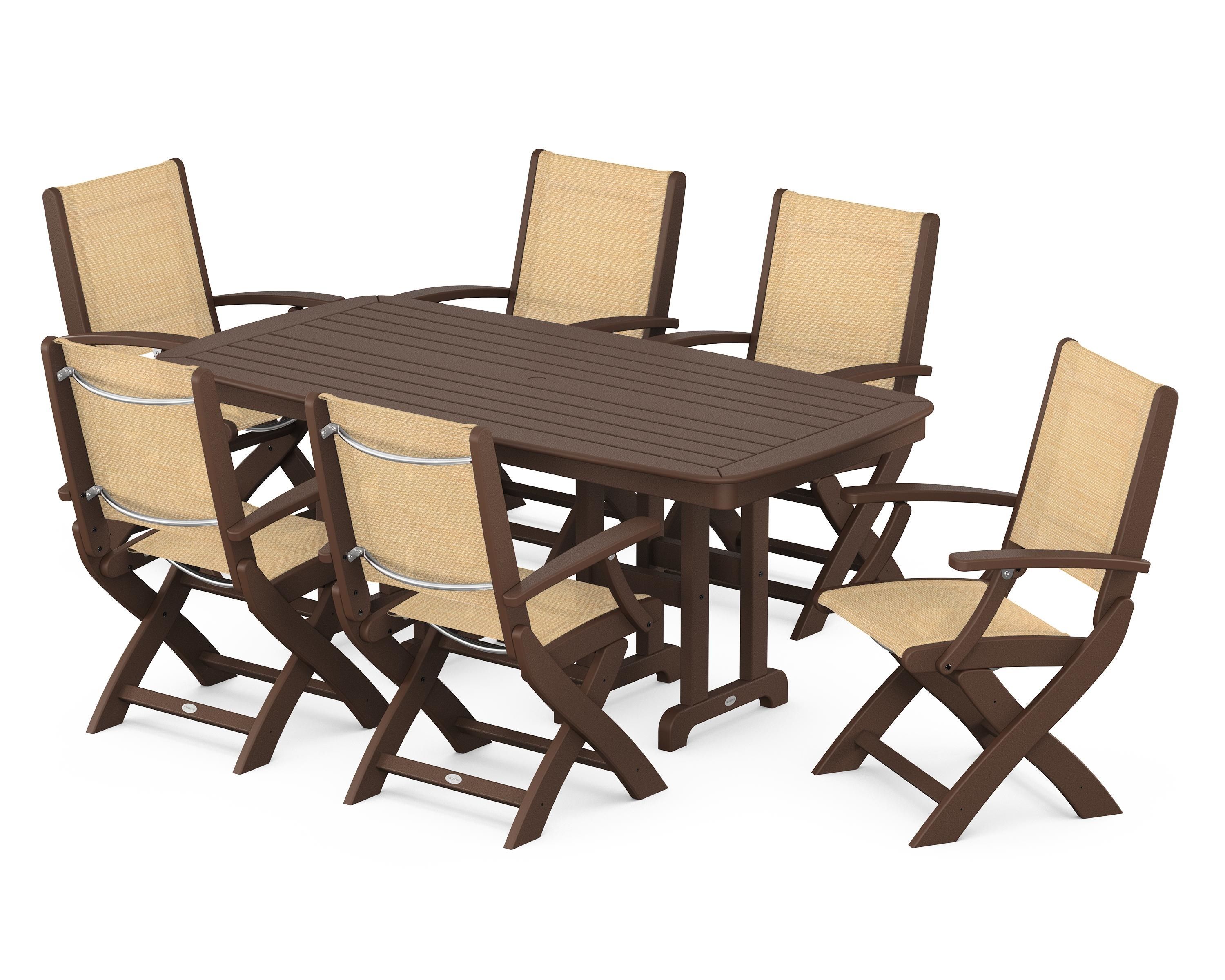 POLYWOOD Coastal Folding Arm Chair 7-Piece Dining Set in Mahogany / Dupioni Apricot Sling