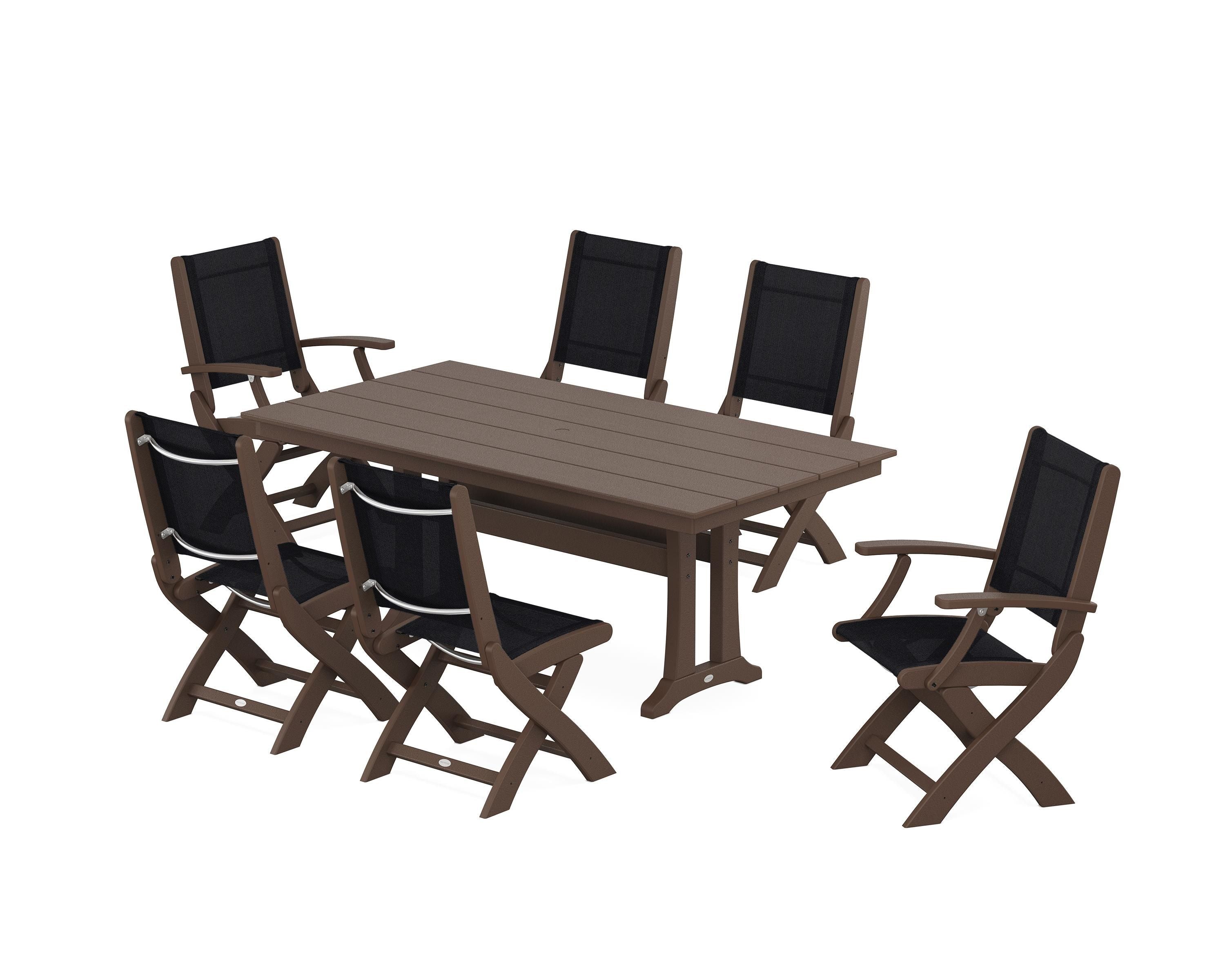 POLYWOOD Coastal Folding Chair 7-Piece Farmhouse Dining Set with Trestle Legs in Mahogany / Black Sling