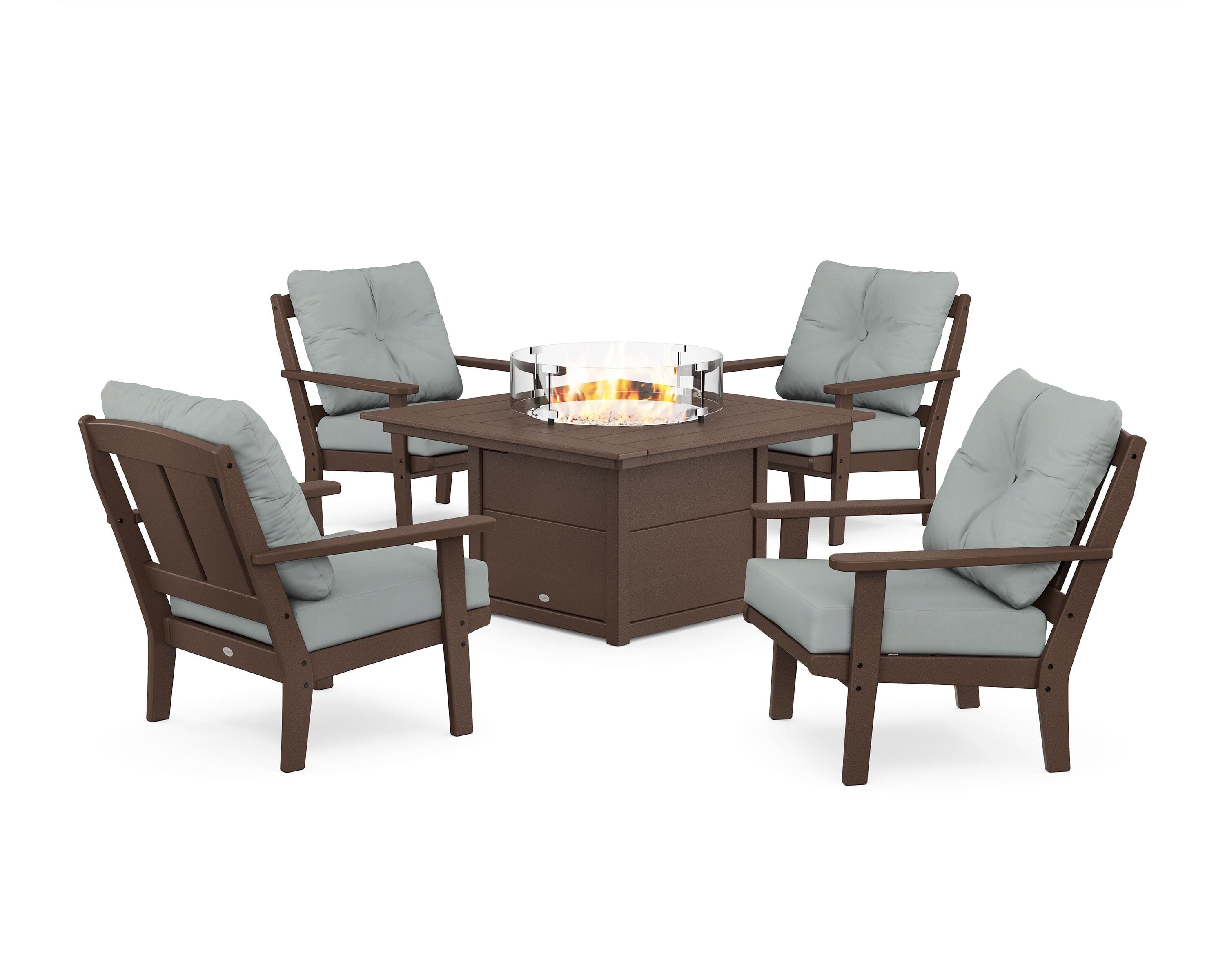 POLYWOOD Mission 5-Piece Deep Seating Set with Fire Pit Table in Mahogany / Spa