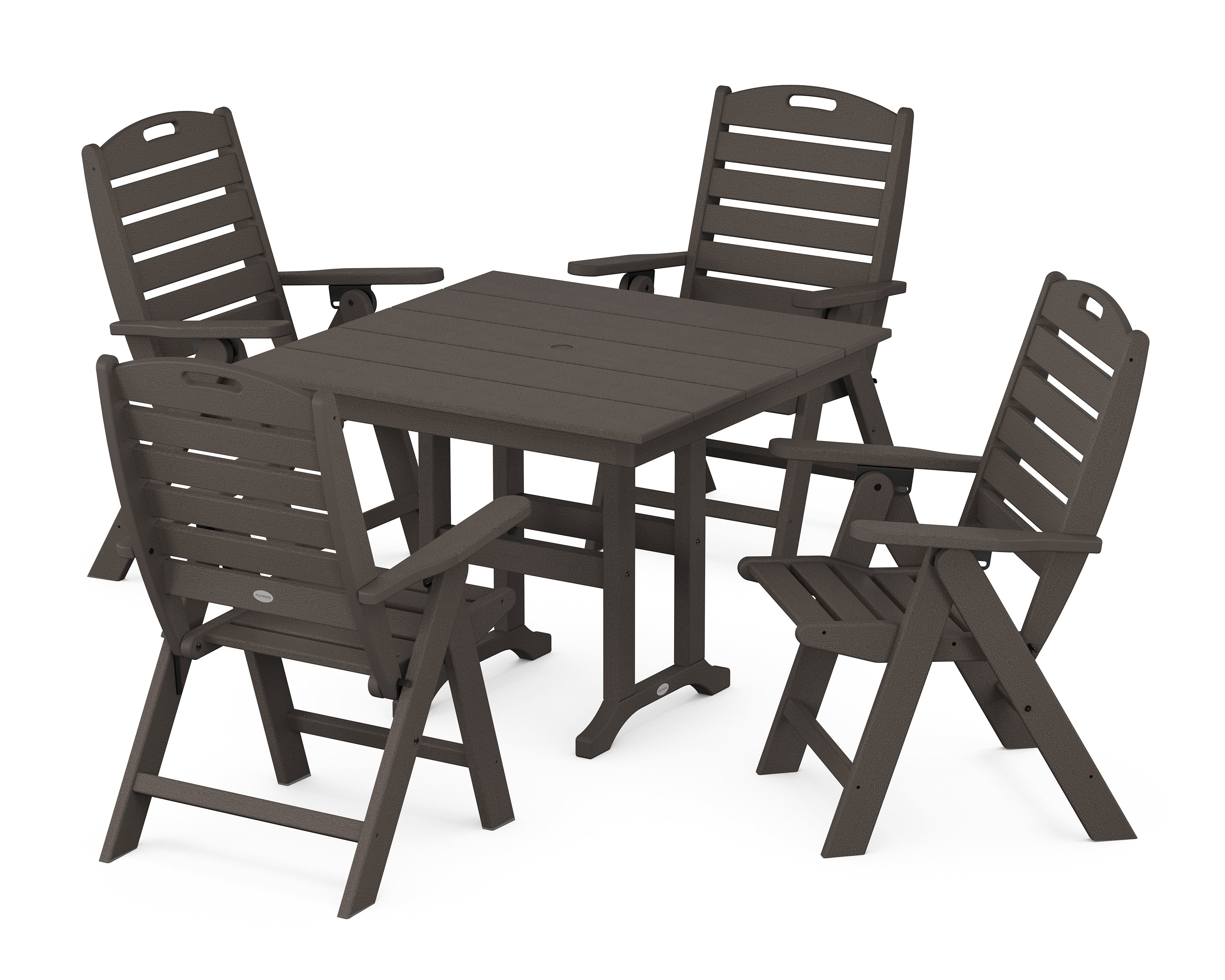 POLYWOOD® Nautical Folding Highback Chair 5-Piece Farmhouse Dining Set in Vintage Coffee