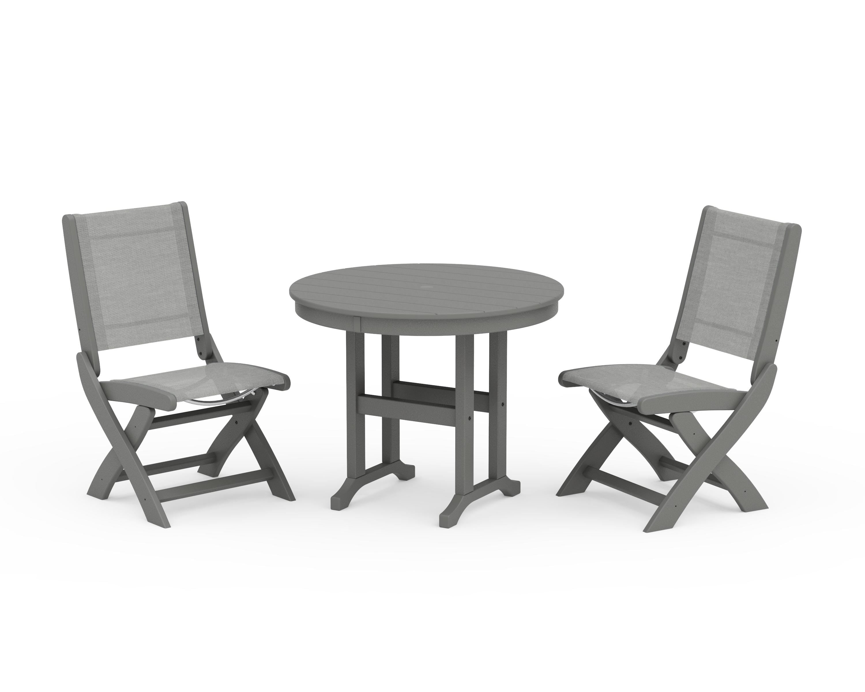 POLYWOOD Coastal Folding Side Chair 3-Piece Round Dining Set in Slate Grey / Metallic Sling