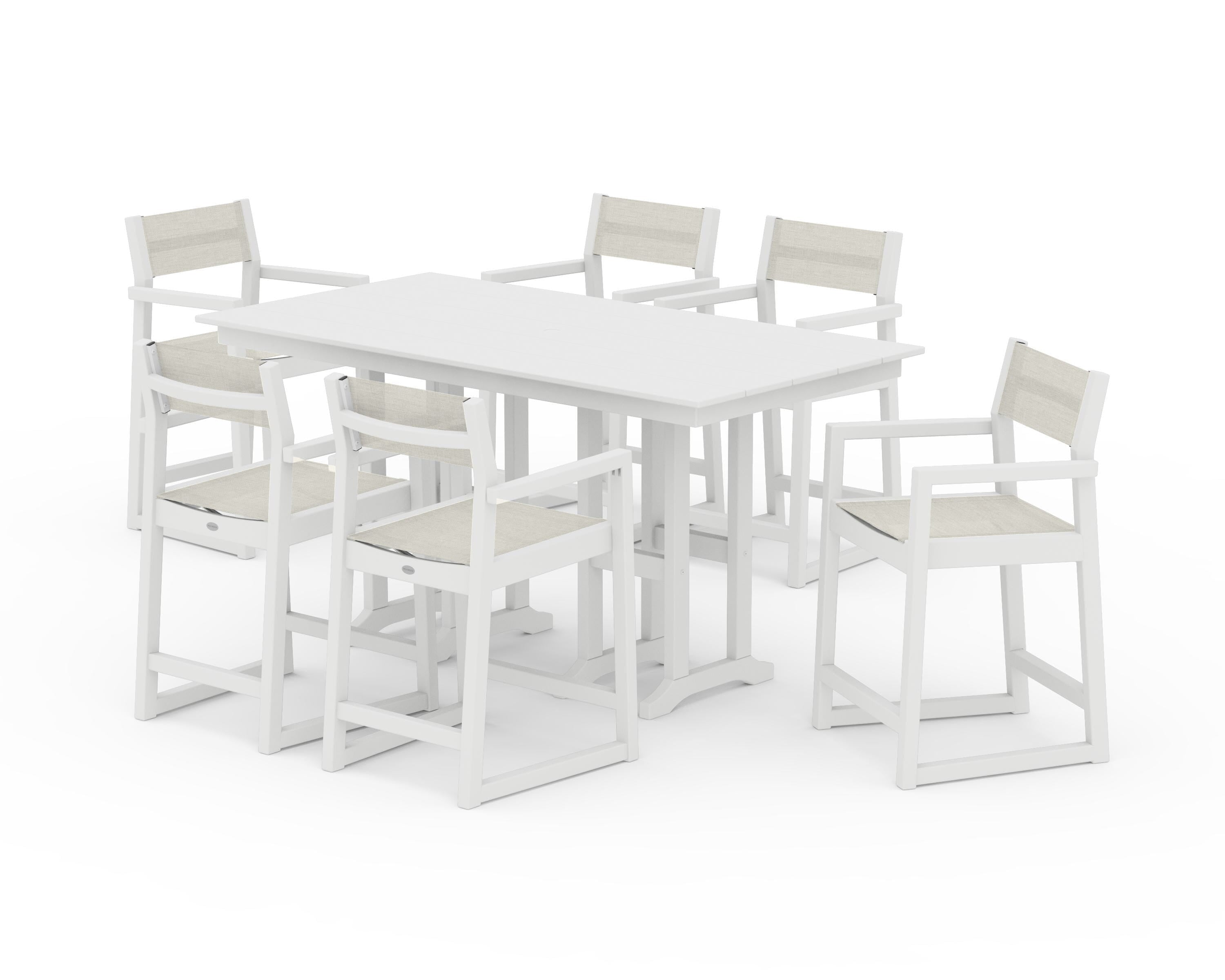 POLYWOOD EDGE Sling Arm Chair 7-Piece Farmhouse Counter Set in White / Parchment Sling