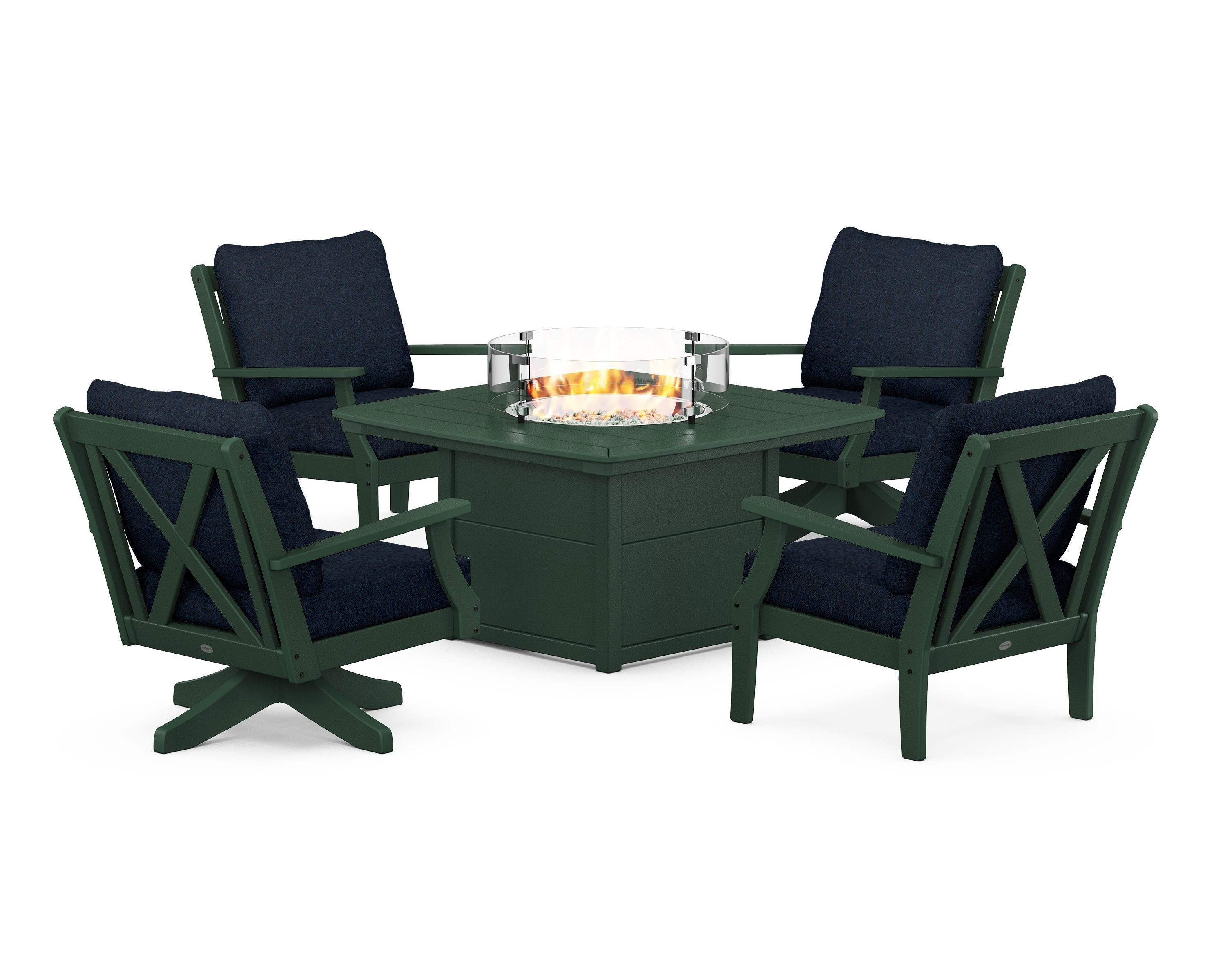 POLYWOOD Braxton 5-Piece Deep Seating Set with Fire Table in Green / Marine Indigo