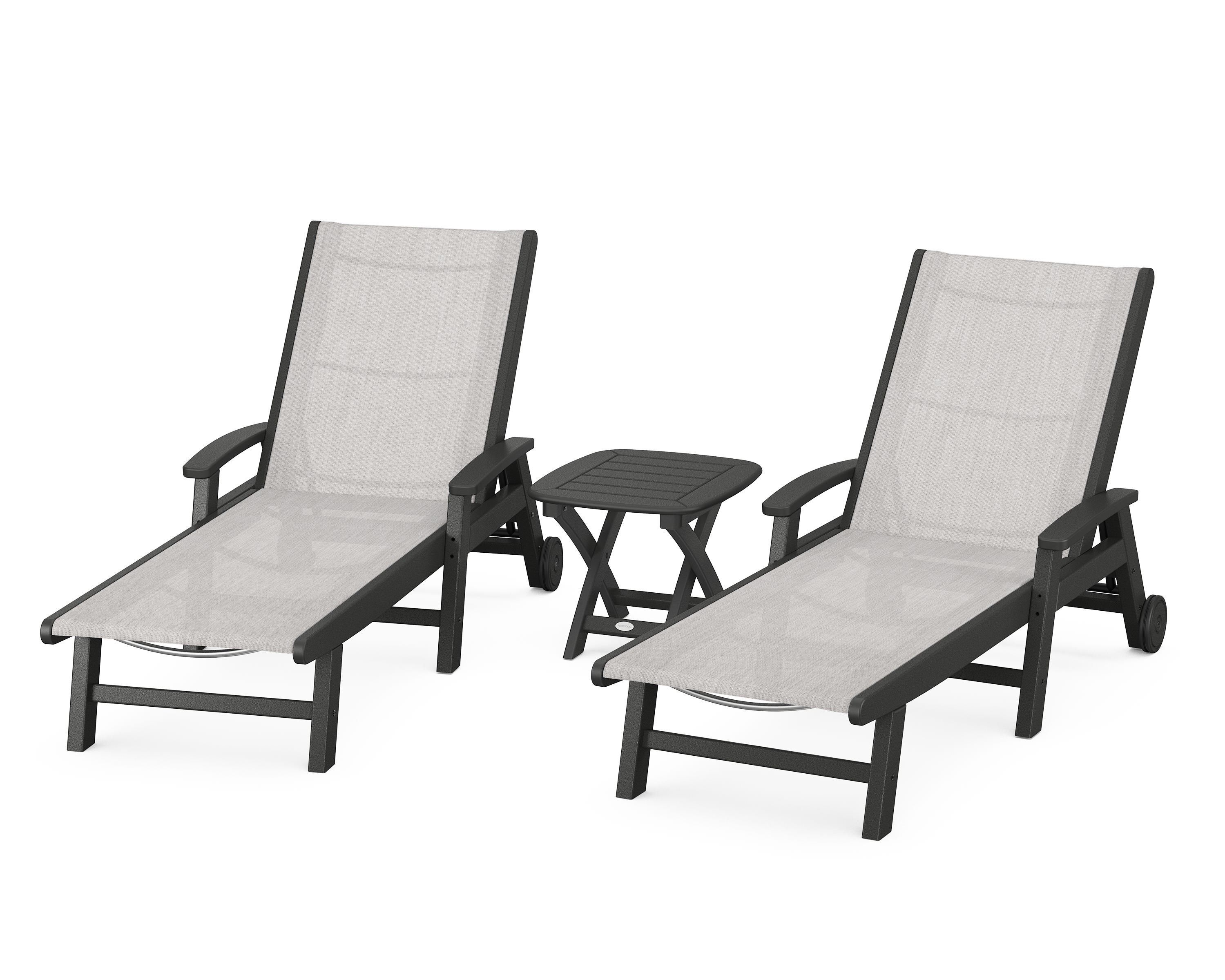 POLYWOOD Coastal 3-Piece Wheeled Chaise Set in Black / Parchment Sling