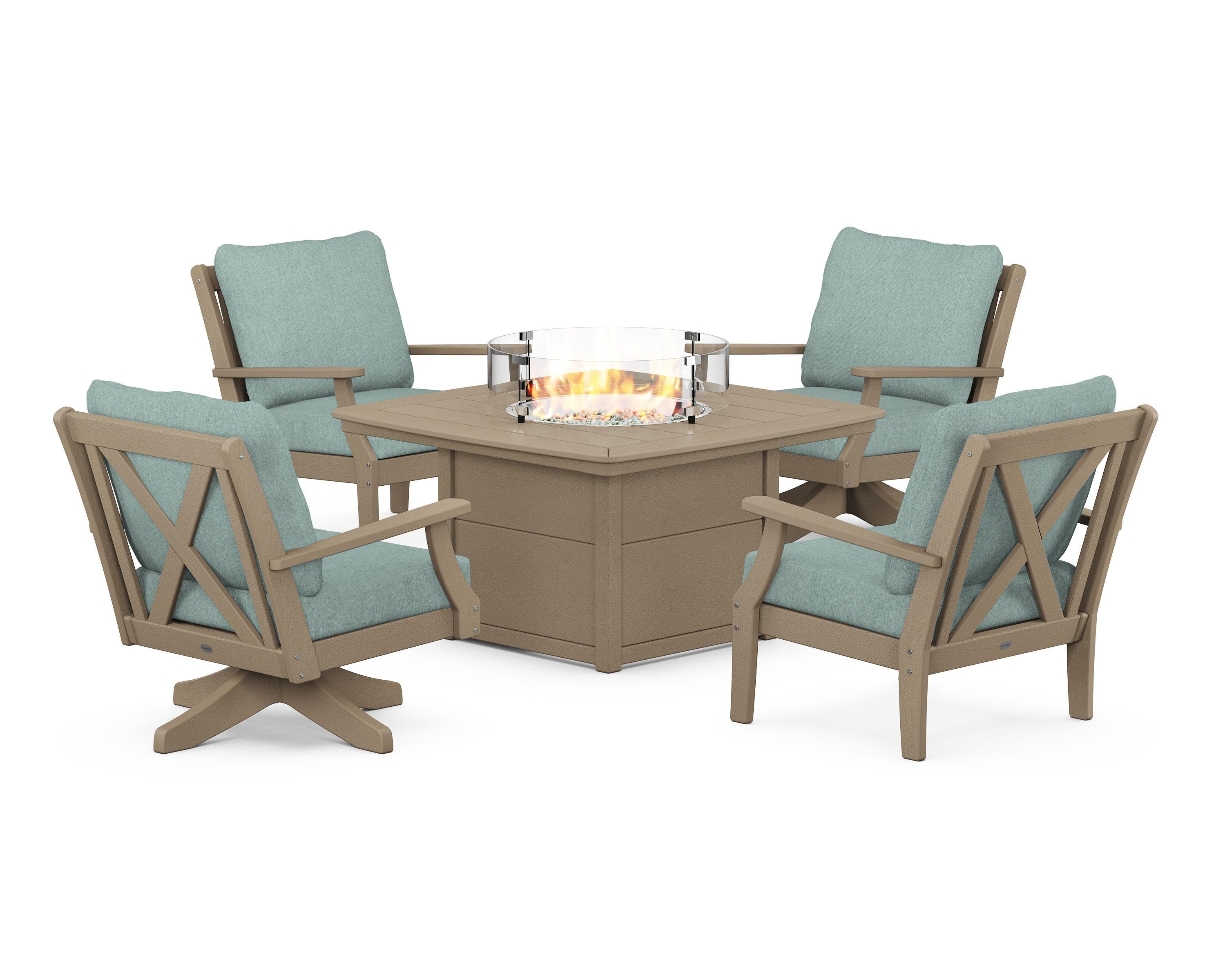 POLYWOOD Braxton 5-Piece Deep Seating Set with Fire Table in Vintage Sahara / Glacier Spa