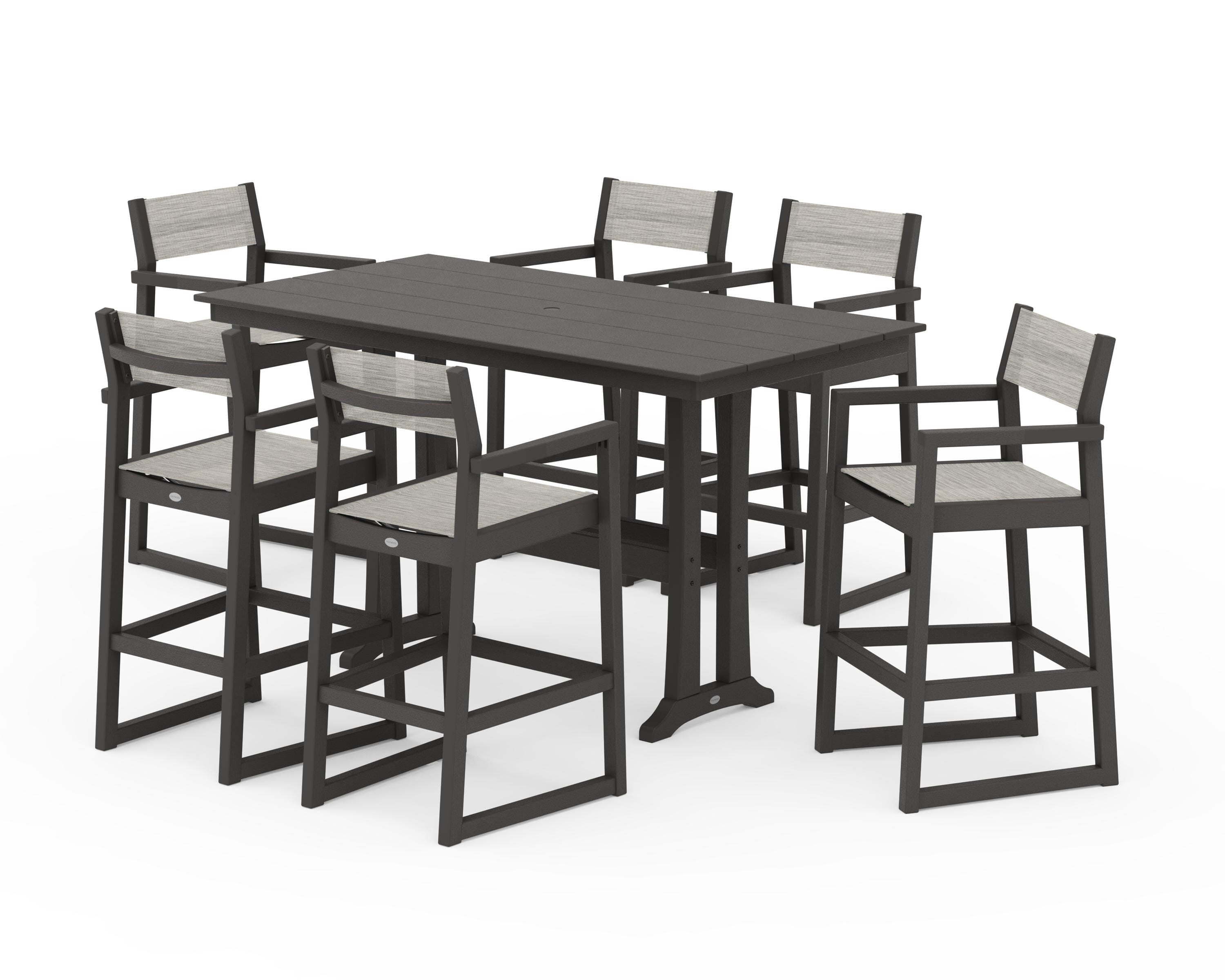 POLYWOOD EDGE Sling Arm Chair 7-Piece Farmhouse Bar Set with Trestle Legs in Vintage Coffee / Birch Sling