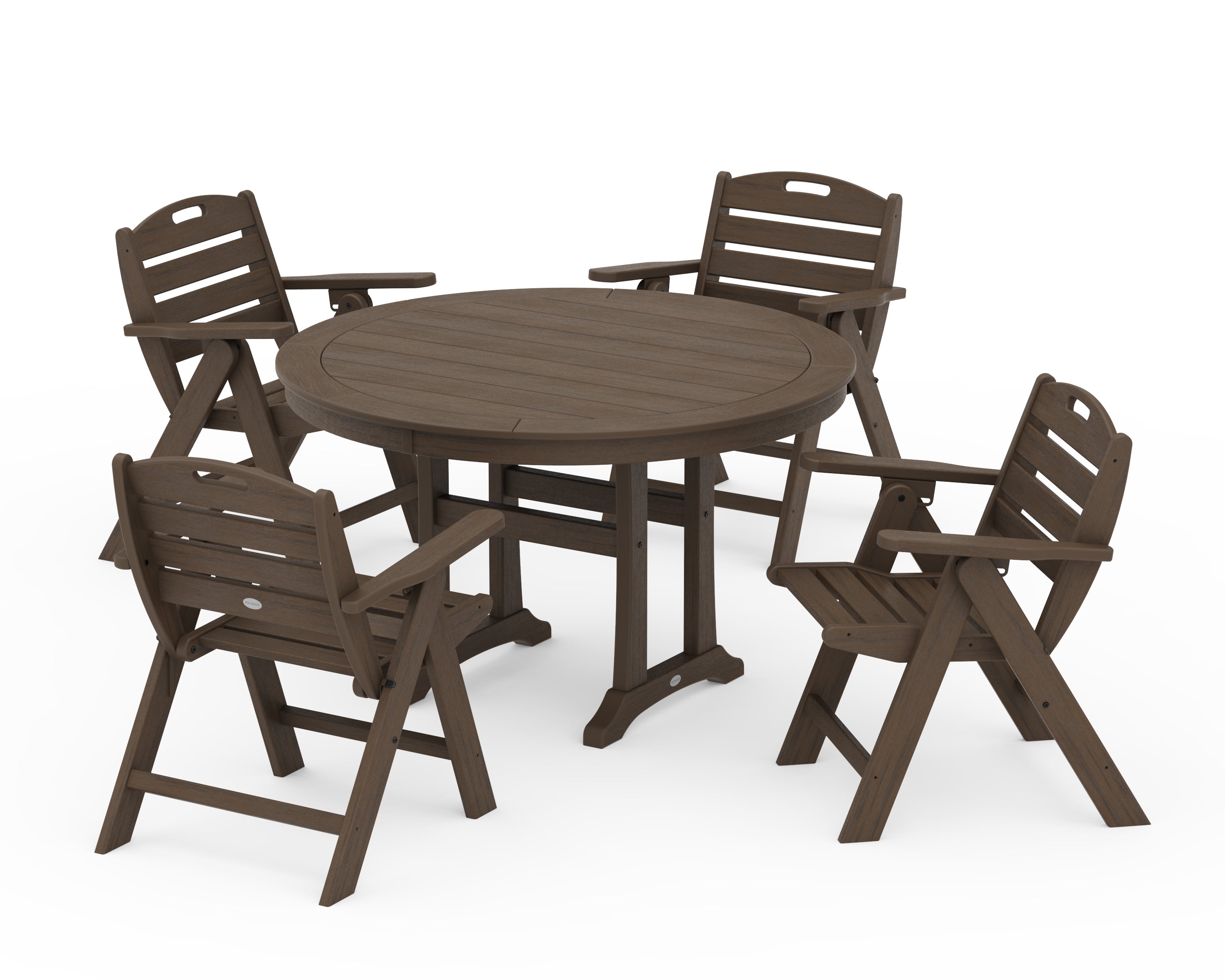 POLYWOOD Nautical Folding Lowback Chair 5-Piece Round Dining Set With Trestle Legs in Kona