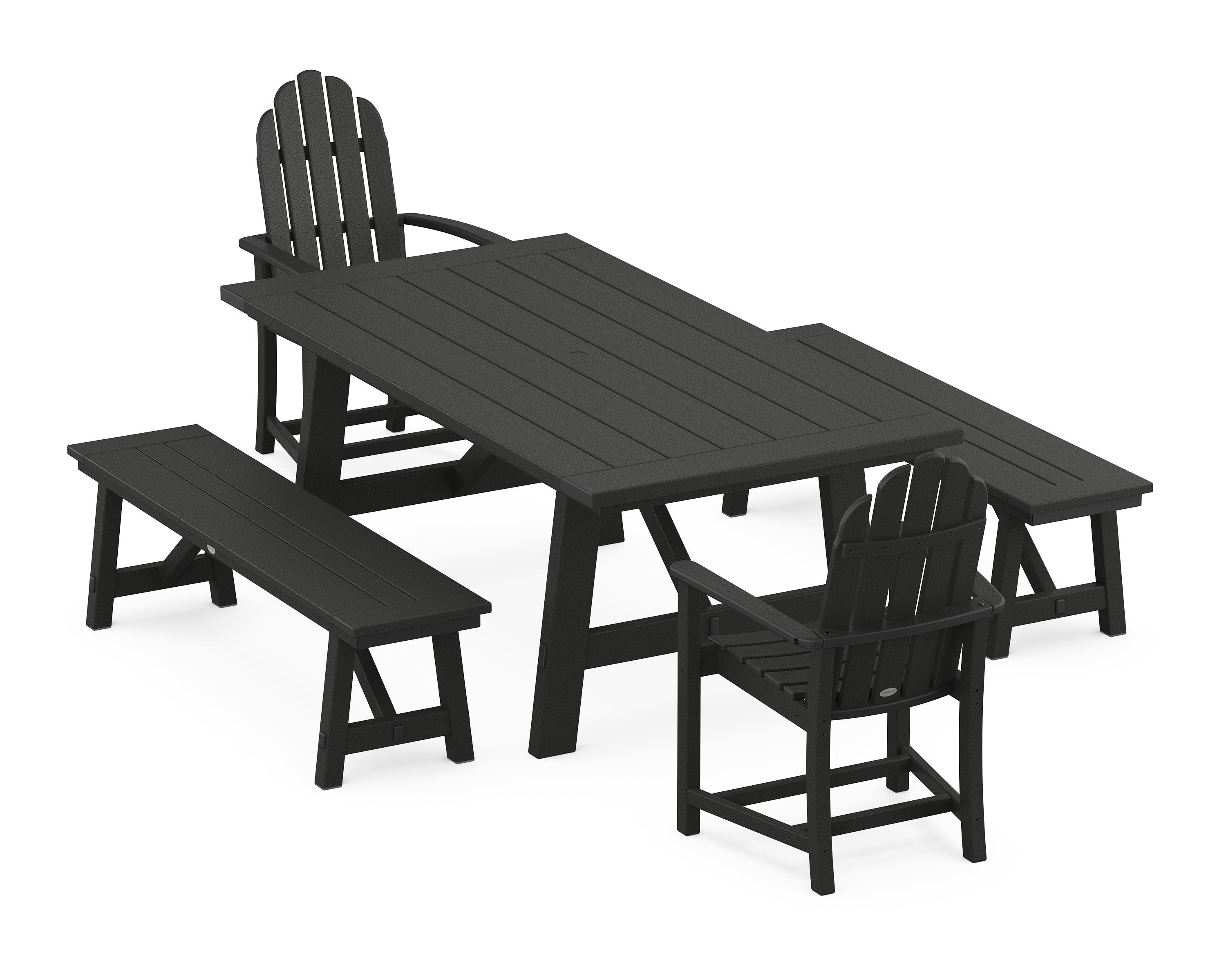 POLYWOOD® Classic Adirondack 5-Piece Rustic Farmhouse Dining Set With Benches in Black