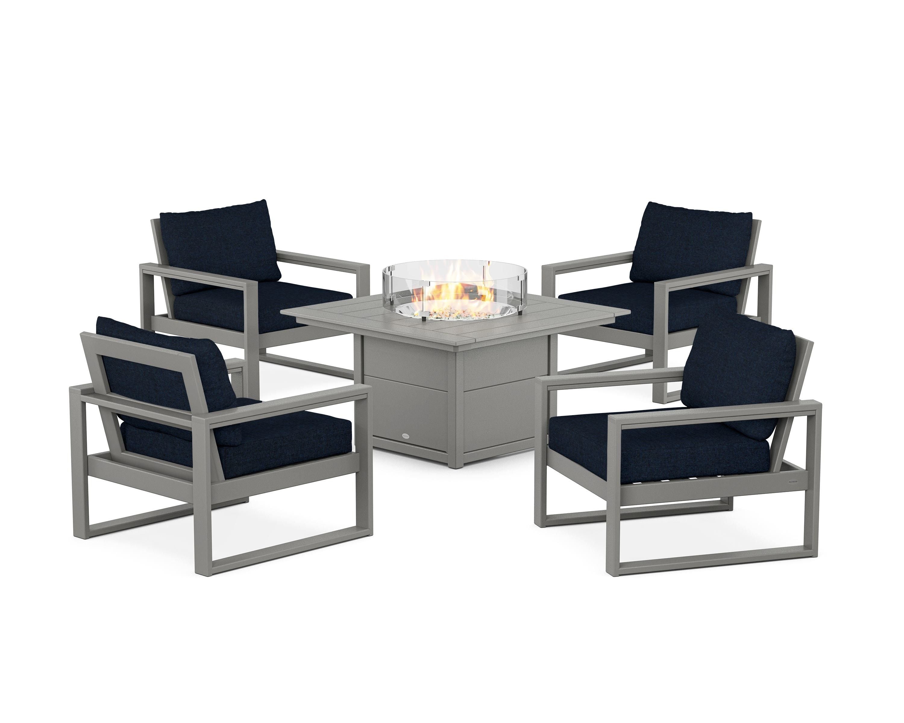 POLYWOOD EDGE Sectional 5-Piece Deep Seating Set with Fire Pit Table in Slate Grey / Marine Indigo