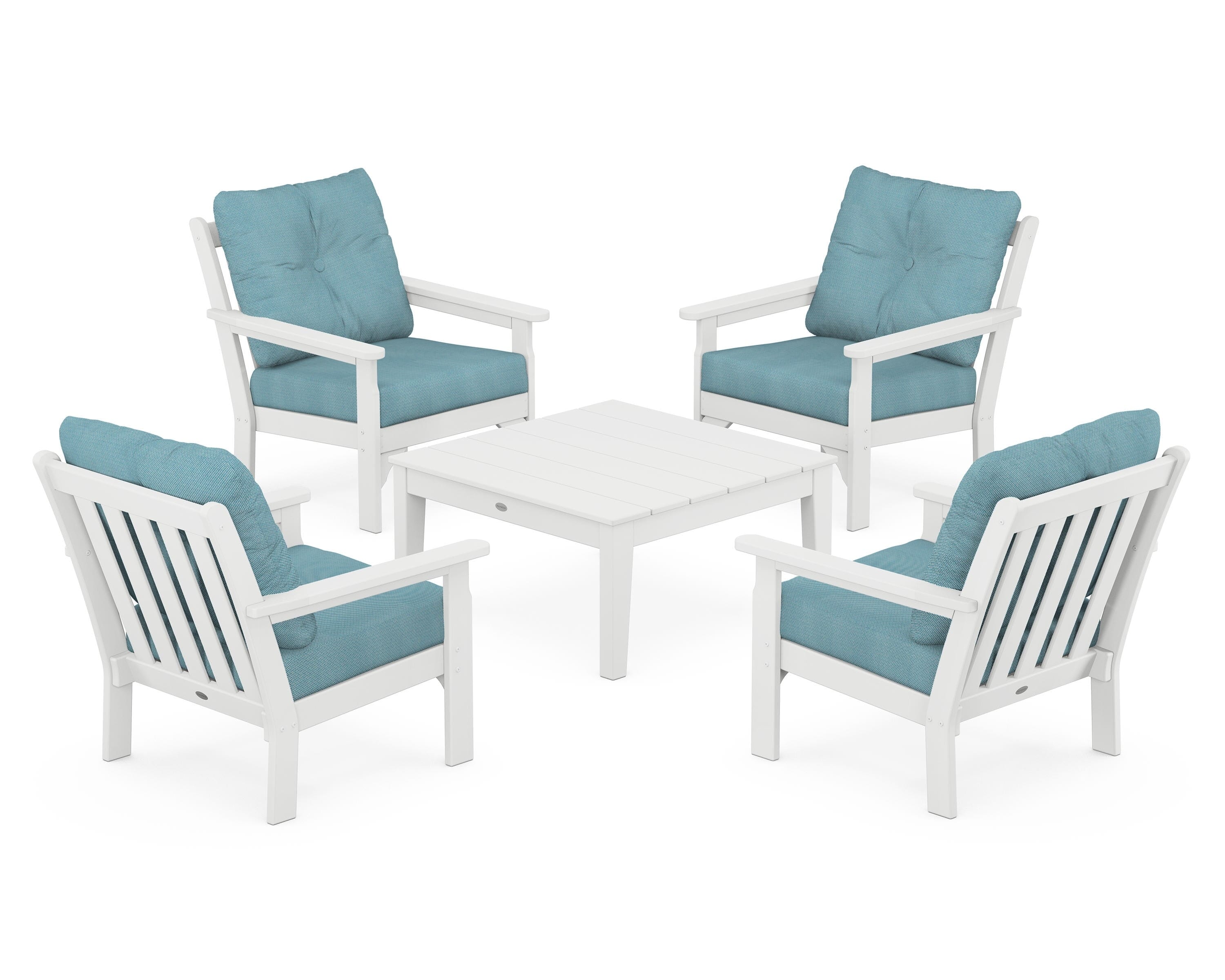 POLYWOOD Vineyard 5-Piece Deep Seating Conversation Set in White / Lattice Sky Blue