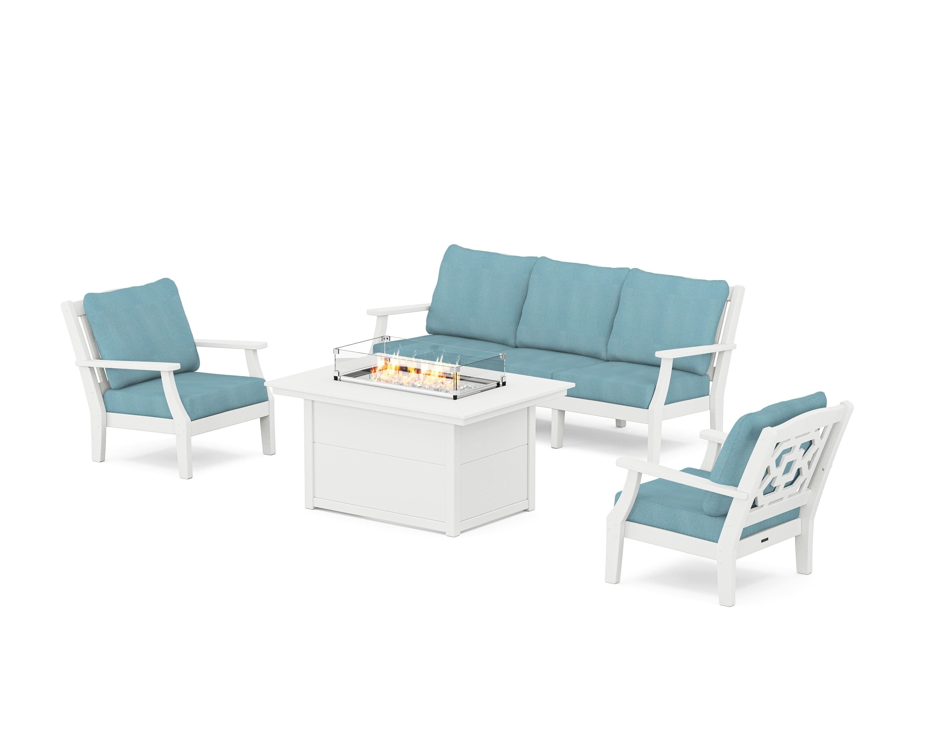 Martha Stewart by POLYWOOD Chinoiserie Deep Seating Fire Pit Table Set in White / Lattice Sky Blue