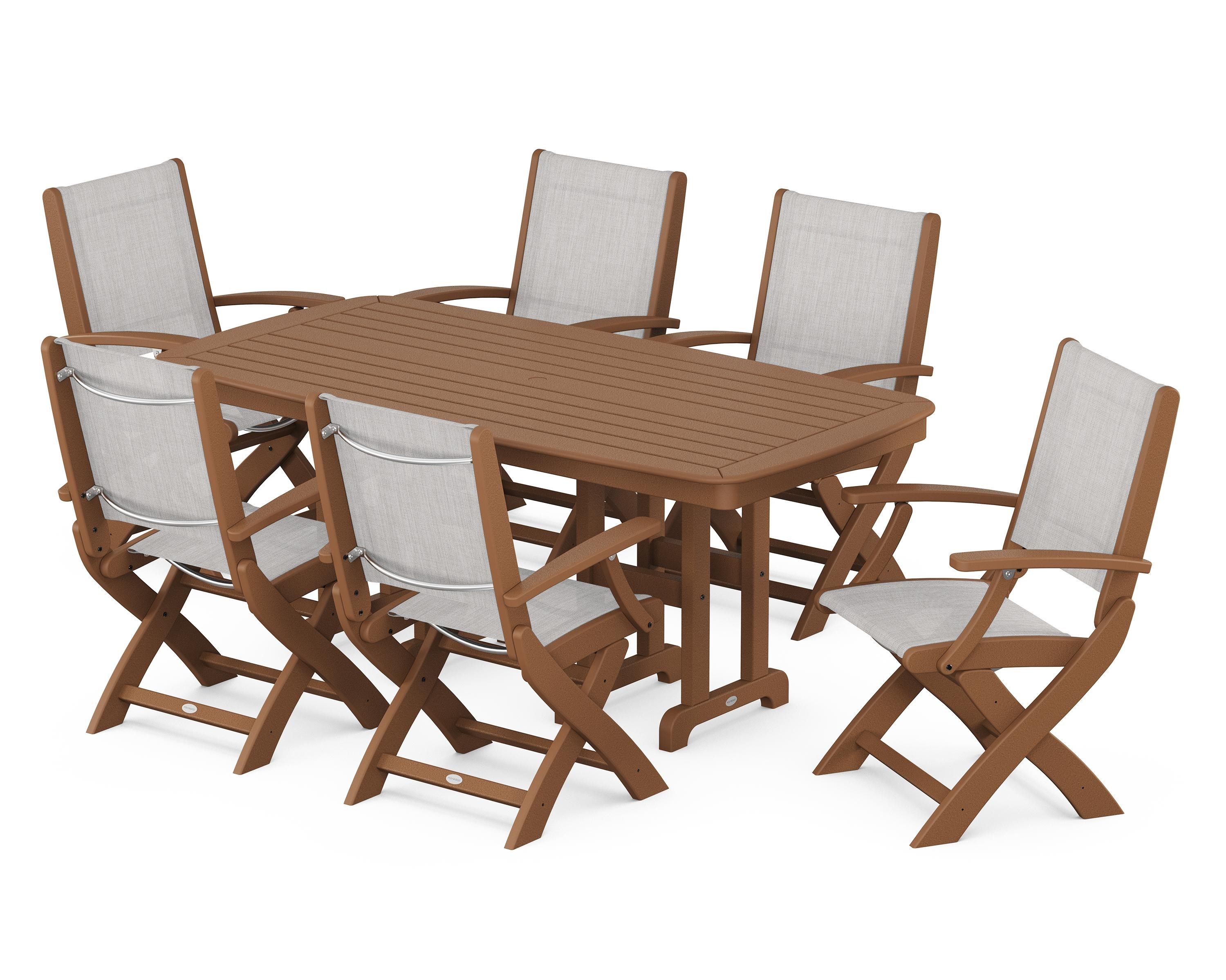 POLYWOOD Coastal Folding Arm Chair 7-Piece Dining Set in Teak / Parchment Sling