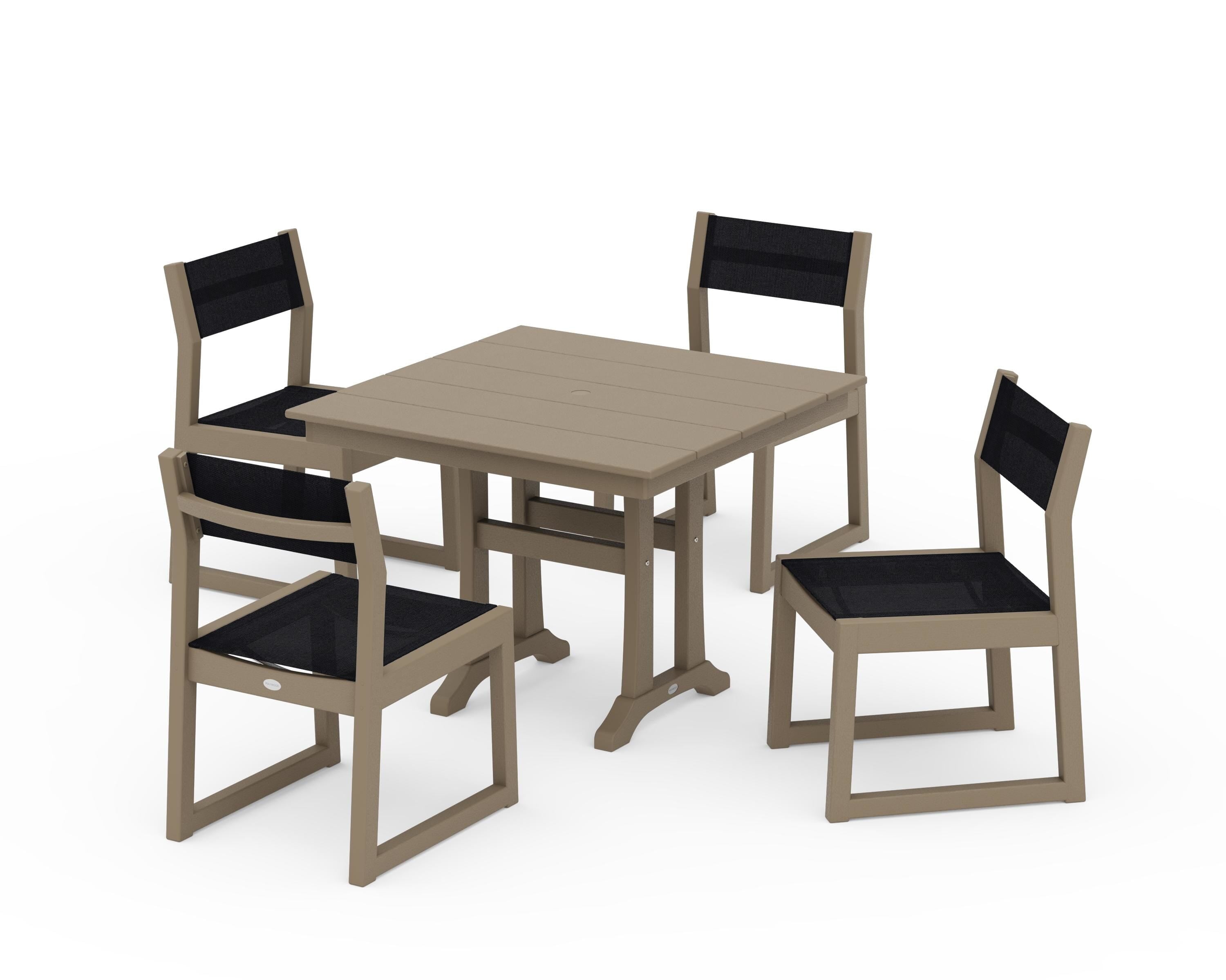 POLYWOOD EDGE Sling 5-Piece Farmhouse Trestle Side Chair Dining Set in Vintage Sahara / Black Sling