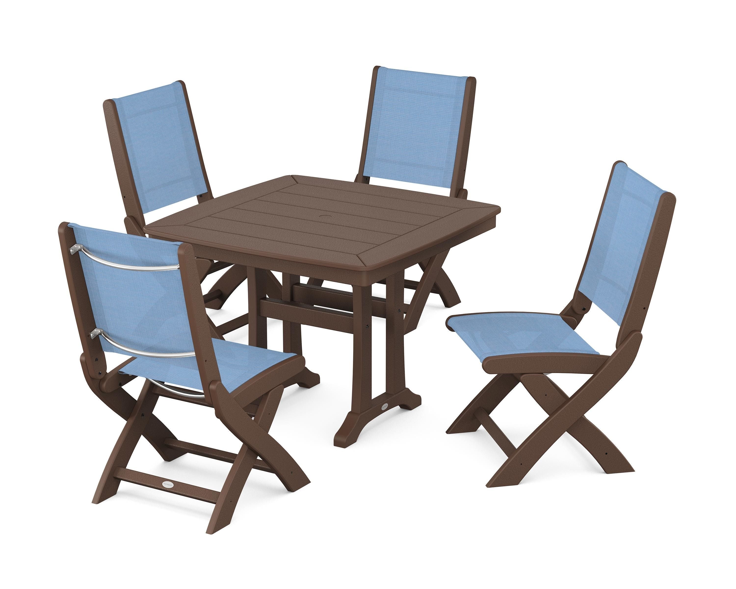 POLYWOOD Coastal Folding Side Chair 5-Piece Dining Set with Trestle Legs in Mahogany / Poolside Sling