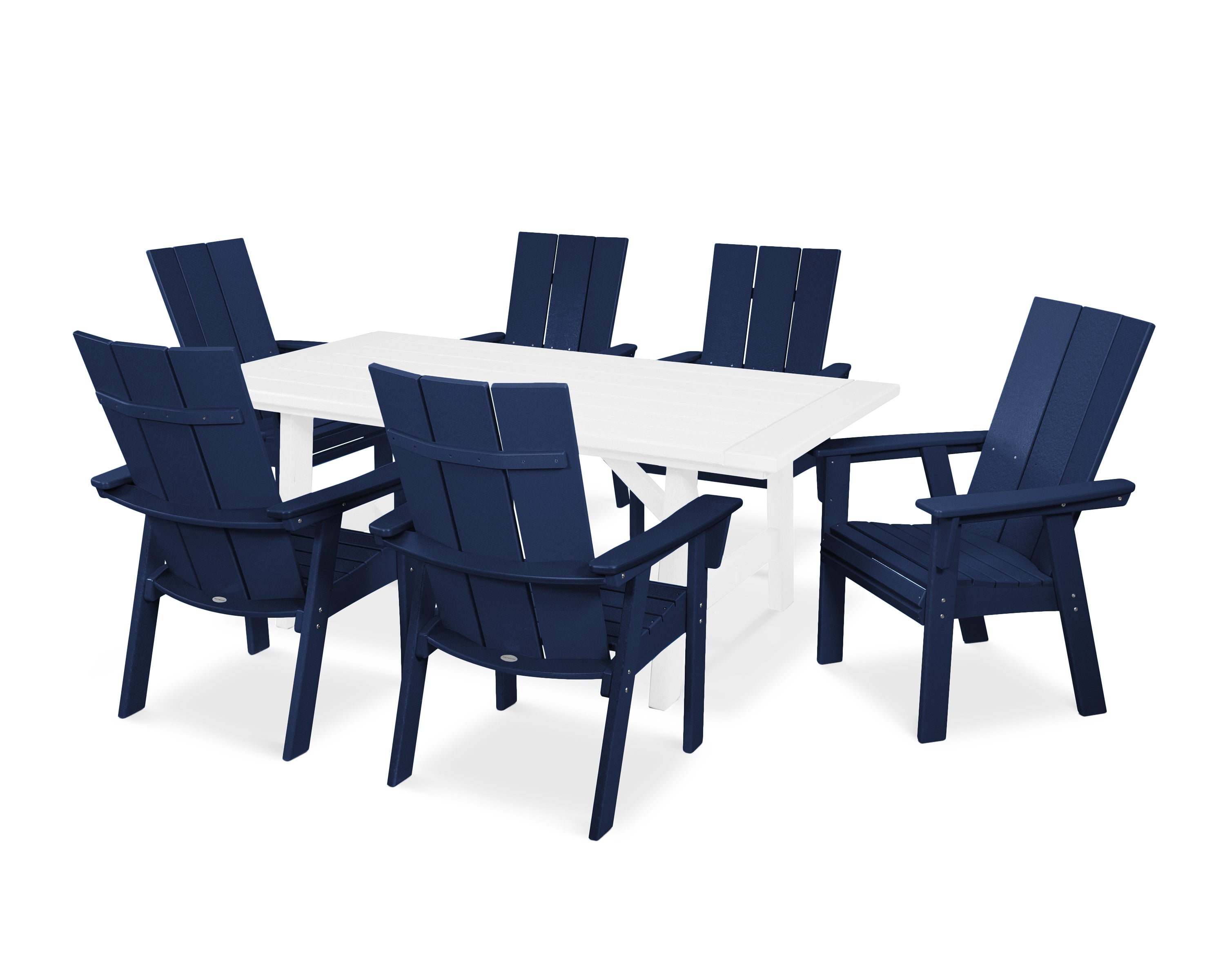 POLYWOOD® Modern Curveback Adirondack 7-Piece Rustic Farmhouse Dining Set in Navy / White