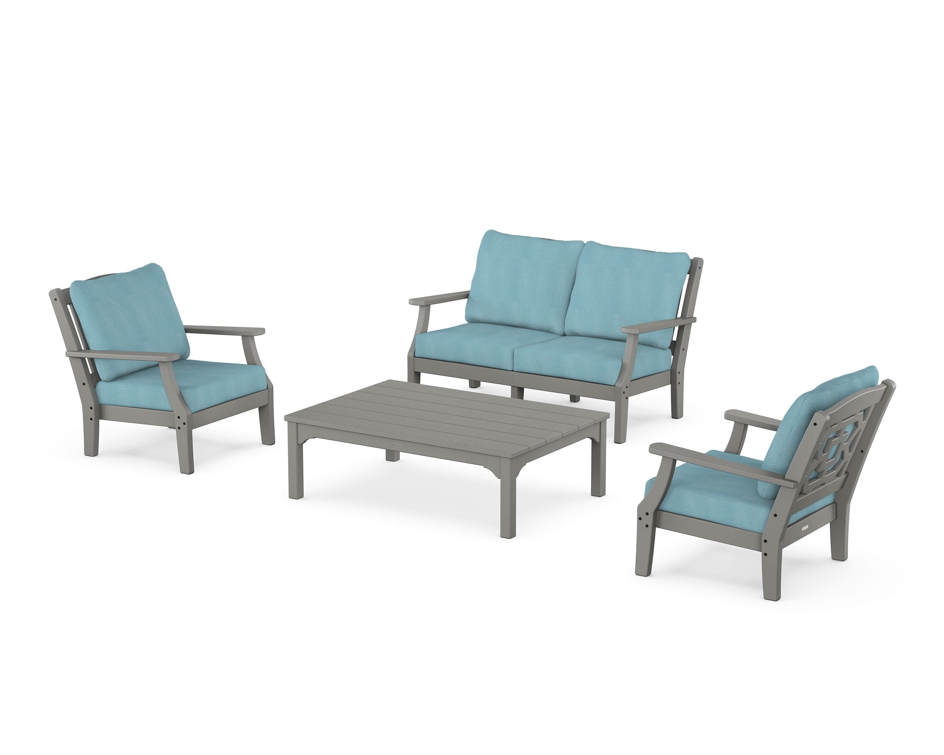 Martha Stewart by POLYWOOD Chinoiserie 4-Piece Deep Seating Set with Loveseat in Slate Grey / Lattice Sky Blue