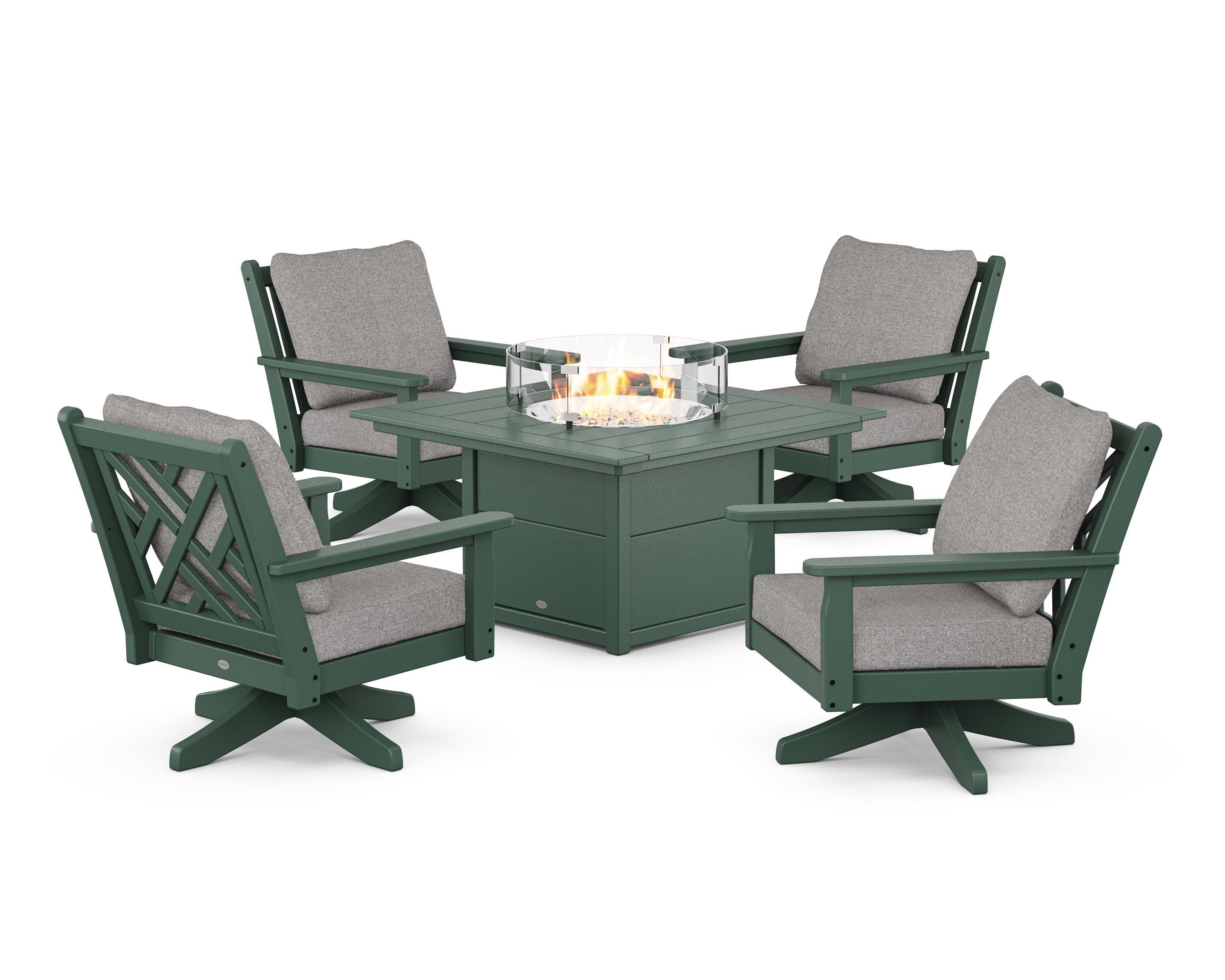 POLYWOOD Chippendale 5-Piece Deep Seating Swivel Conversation Set with Fire Pit Table in Green / Grey Mist