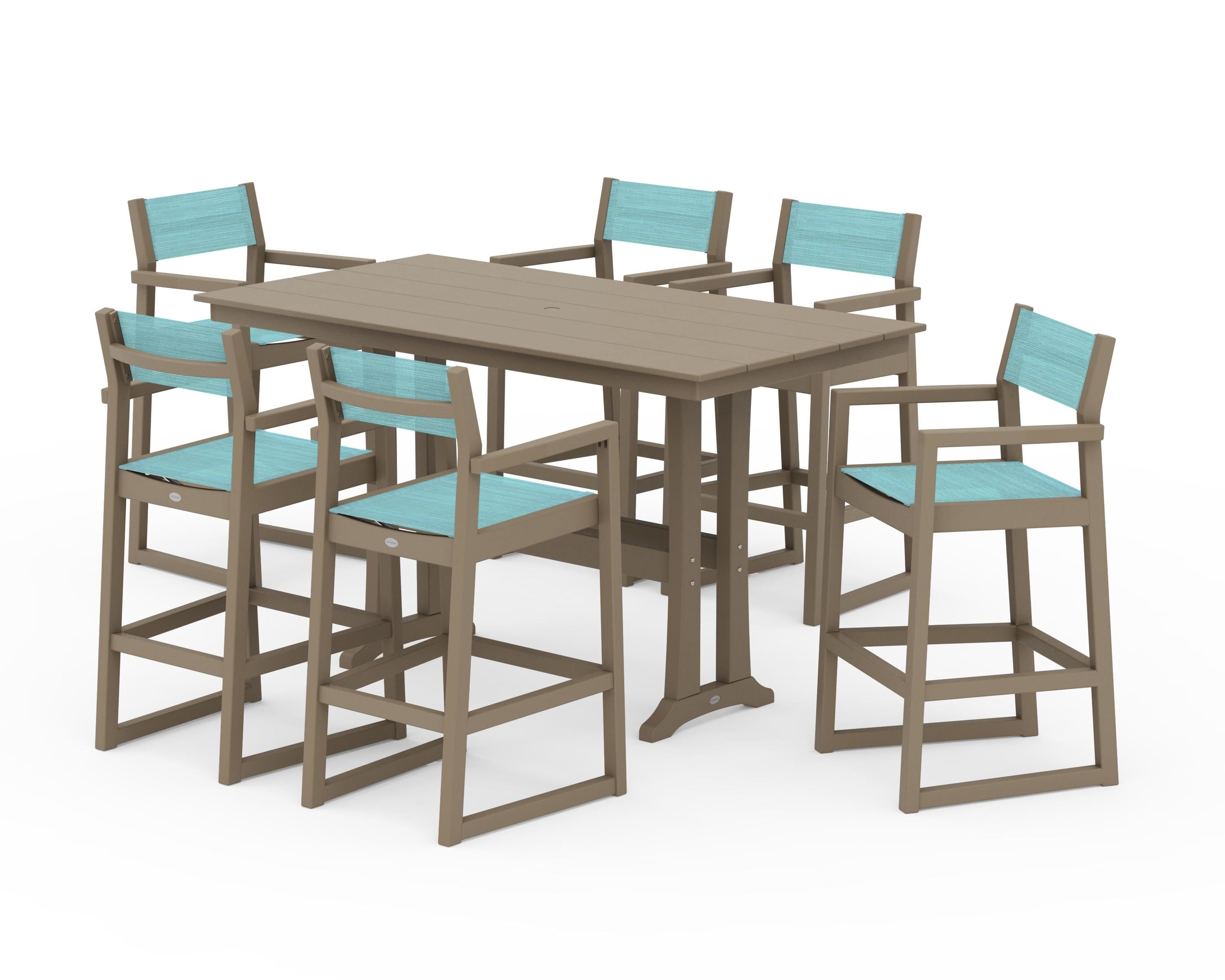 POLYWOOD EDGE Sling Arm Chair 7-Piece Farmhouse Bar Set with Trestle Legs in Vintage Sahara / Dupioni Aquamarine Sling