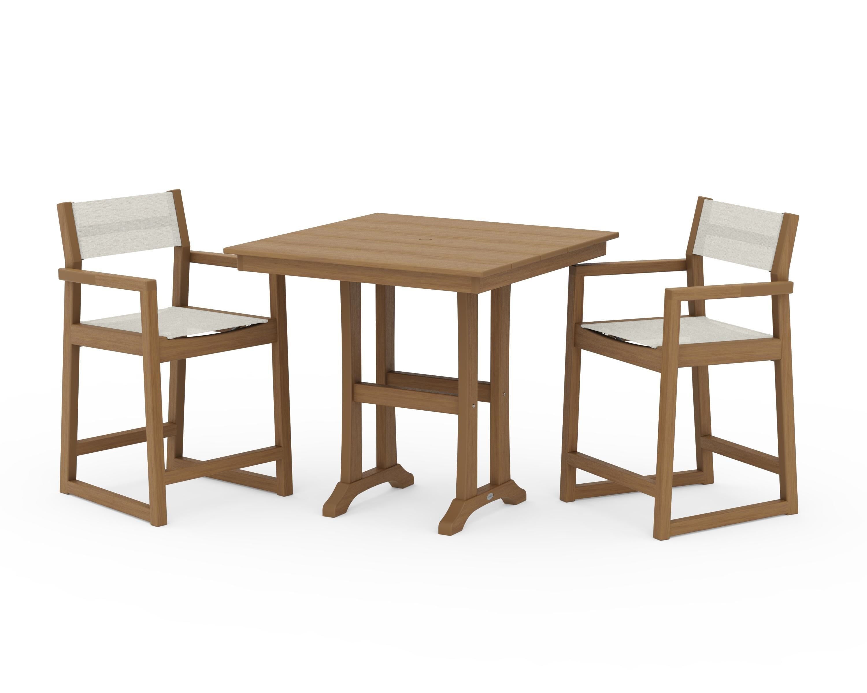 POLYWOOD EDGE Sling Arm Chair 3-Piece Farmhouse Counter Set with Trestle Legs in Natural / Parchment Sling