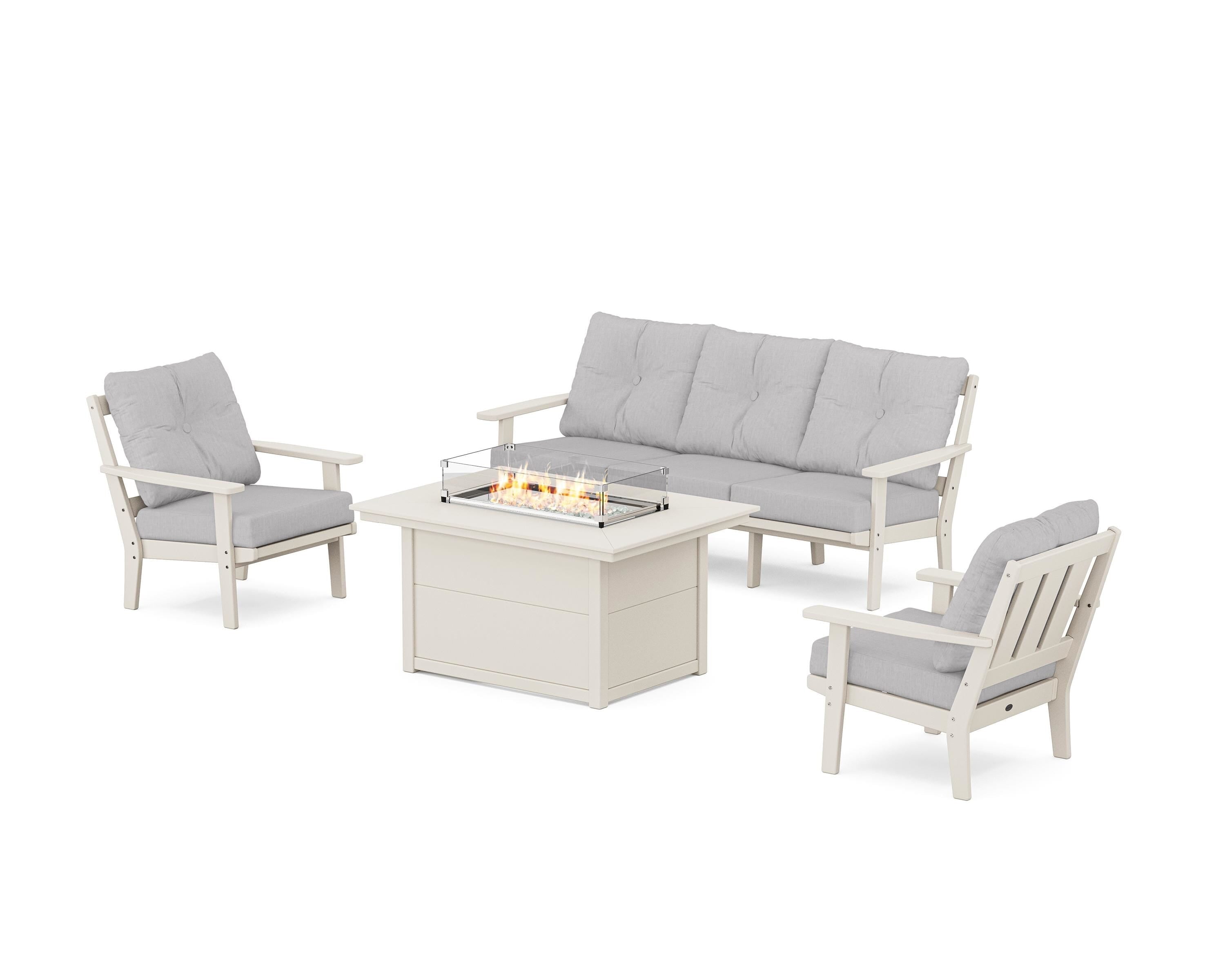 POLYWOOD Oxford Deep Seating Fire Pit Table Set in Sand / Granite