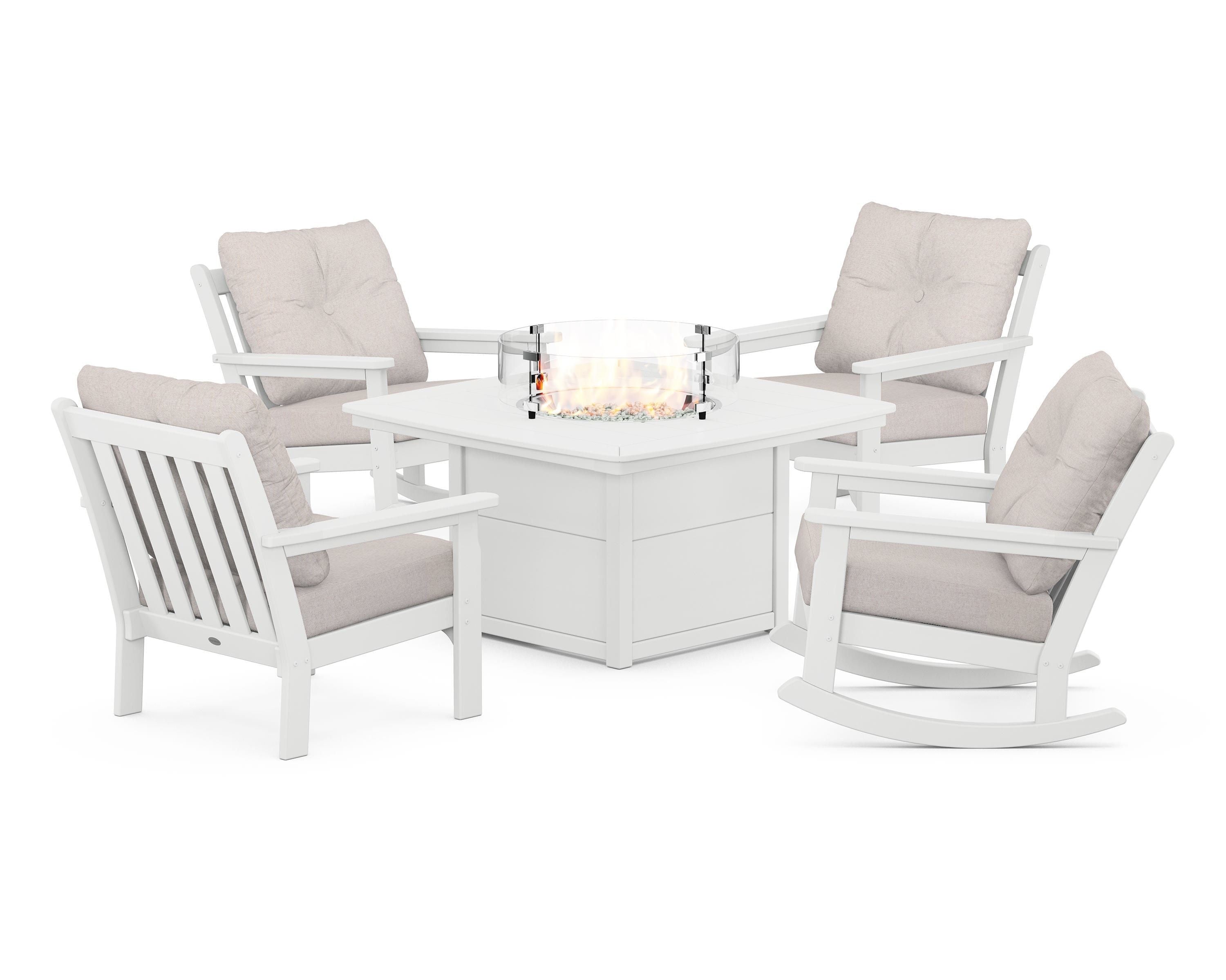 POLYWOOD Vineyard 5-Piece Deep Seating Rocking Chair Conversation Set with Fire Pit Table in White / Dune Burlap