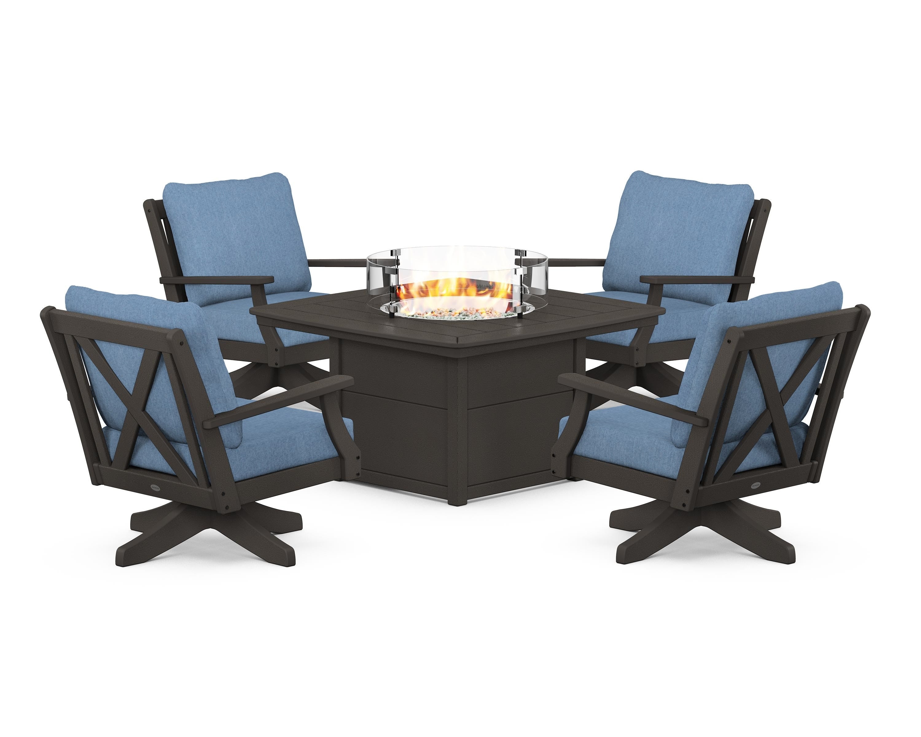 POLYWOOD Braxton 5-Piece Deep Seating Swivel Conversation Set with Fire Pit Table in Vintage Coffee / Sky Blue
