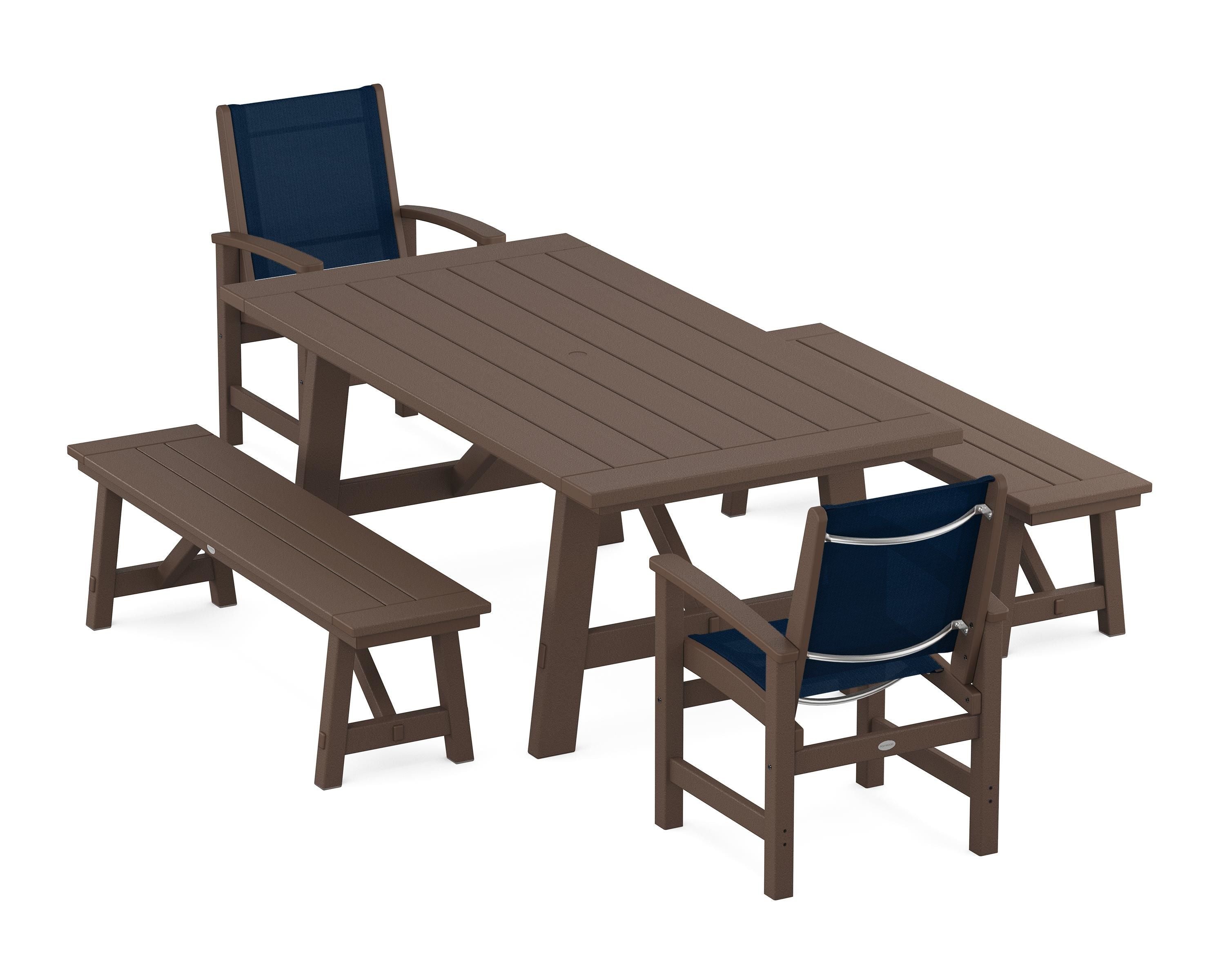 POLYWOOD Coastal 5-Piece Rustic Farmhouse Dining Set With Benches in Mahogany / Navy Blue Sling