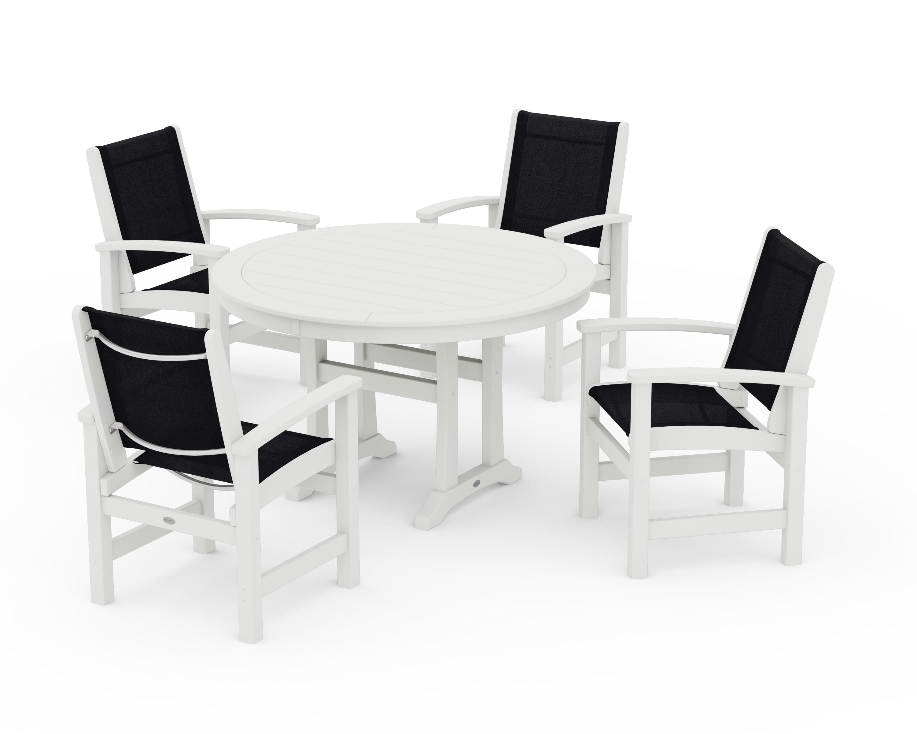 POLYWOOD Coastal 5-Piece Round Dining Set with Trestle Legs in Vintage White / Black Sling