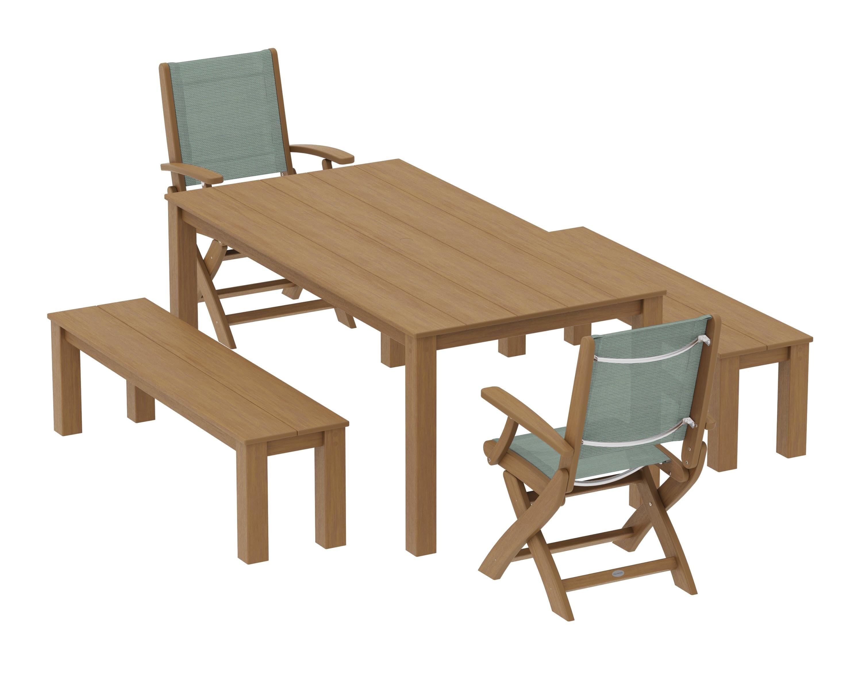 POLYWOOD Coastal Folding Chair 5-Piece Parsons Dining Set with Benches in Natural / Dupioni Sea Mist Sling