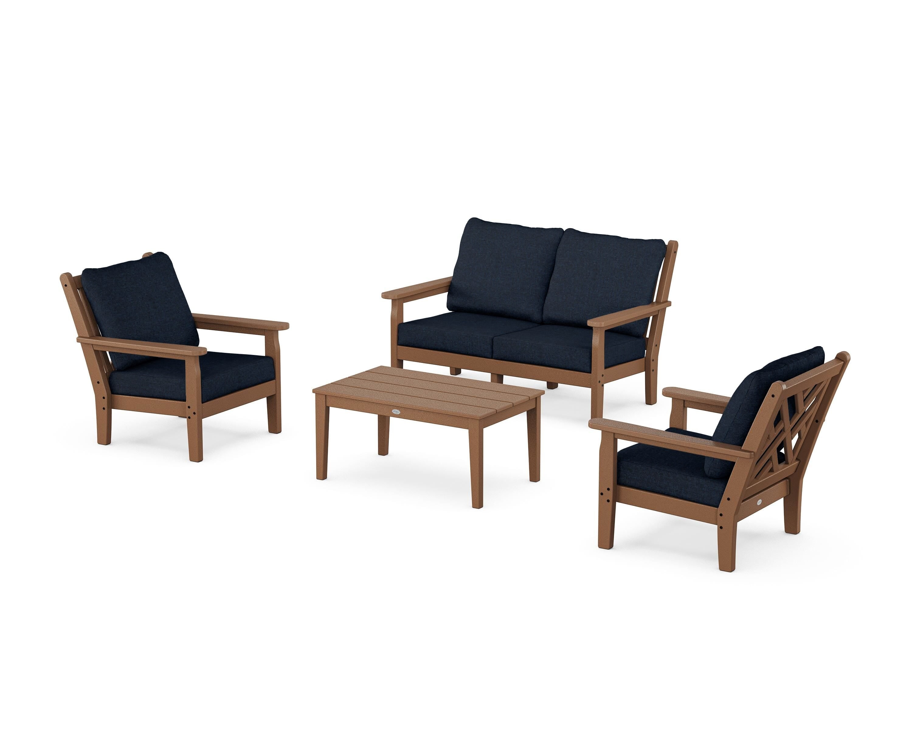 POLYWOOD Chippendale 4-Piece Deep Seating Set with Loveseat in Teak / Marine Indigo