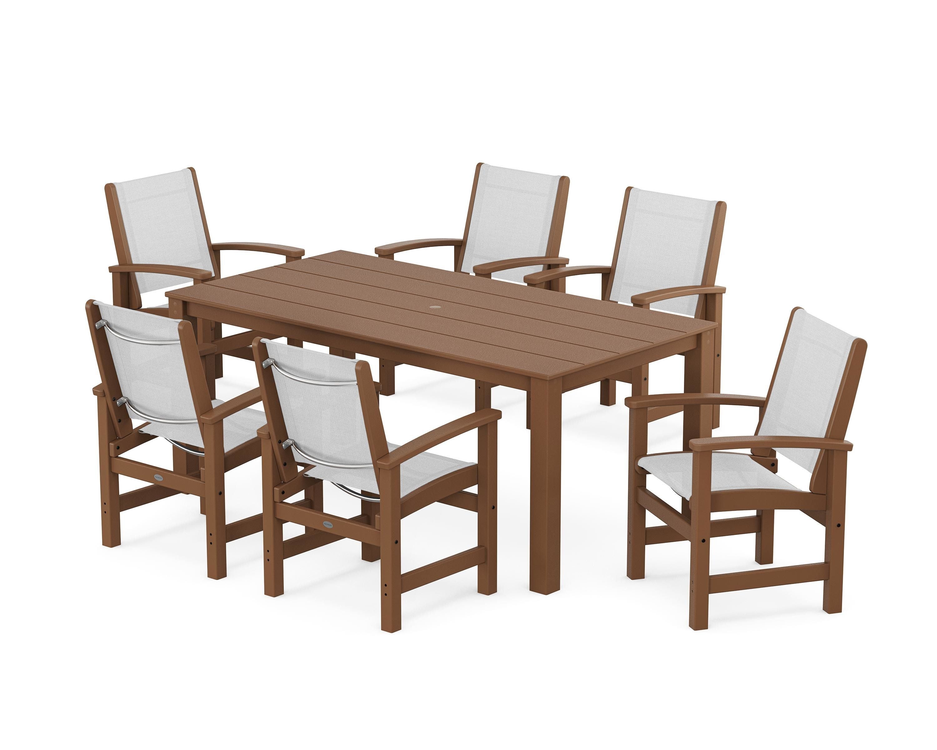 POLYWOOD Coastal 7-Piece Parsons Dining Set in Teak / White Sling
